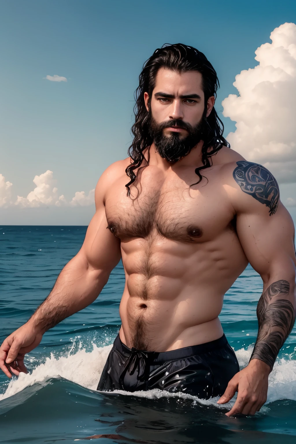 (La mejor calidad,4k,8k,Altas Resoluciones,Obra maestra:1.2),Ultra detallado,(realista,fotorrealista,fotorrealista:1.37), Hombre, Dios griego,Poseidon,hermosos ojos detallados,hermosos labios detallados,Ojos y cara extremadamente detallados,long eyeslashes,rippling muscles,barba que fluye,Presencia imponente,tridente real,Agua con gas,Poder divino,mytical creature,stunning physique,mirada feroz,Tranquilo y compuesto,stormy ocean backdrop,Trono majestuoso,corona dorada brillante,Paleta de colores azul oscuro y verde,Dramatic lighting