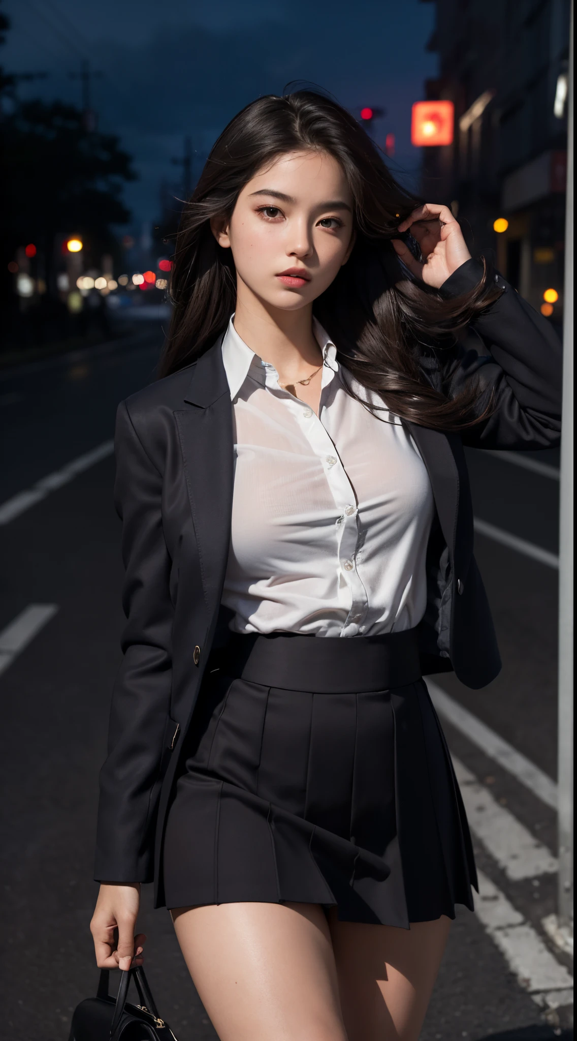 Best quality, masterpiece, ultra high res, (photorealistic:1.4), raw photo, (perfect body shape), dynamic pose, 1girl, waist up, solo, school uniform, in the dark, night, on the street, deep shadow, low key, cold light 12000K