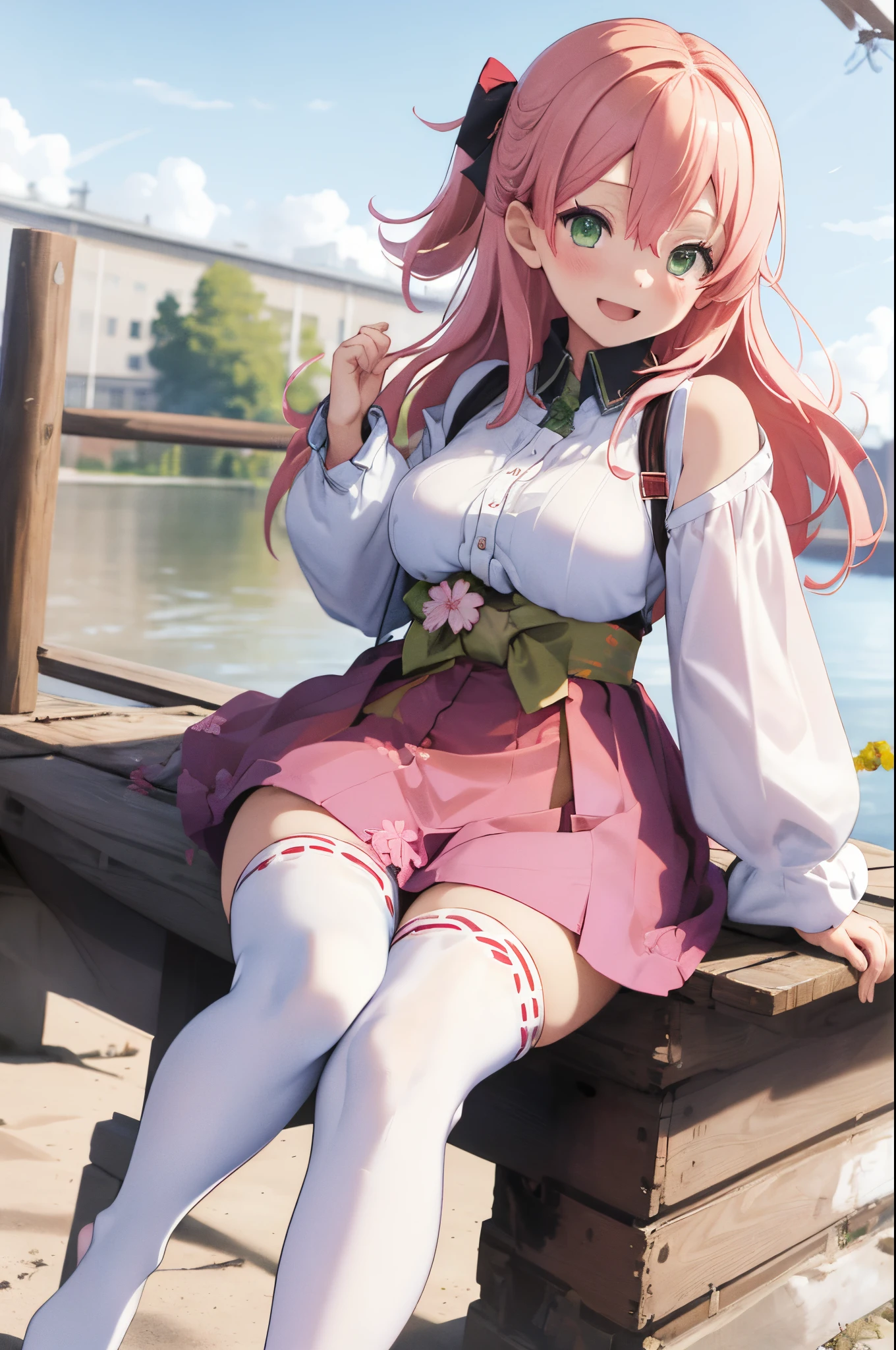 masterpiece, best quality, highres, miko1, sakura_miko, 1girl, (li:1.3),medium_breasts, solo, ahoge, x_hair_ornament, pink_hair, floral print, hairclip,(side_less_clothes:1.3), (side_breasts:1.3), hair_bell, floral print, long_hair, hair between eyes, one side up, white_thighhighs, wide sleeves, open_mouth,(happy:1.3),green_eyes,smile,apart_legs,(overly_long_sleeves:1.3),),sleeves_past_wrists,hands_hidden_sleeves,sidelock_clothes,solo,hidden_wrists,(XD:1.5),covered_nipples,sunlight,(bare_flank:1.3),boots,