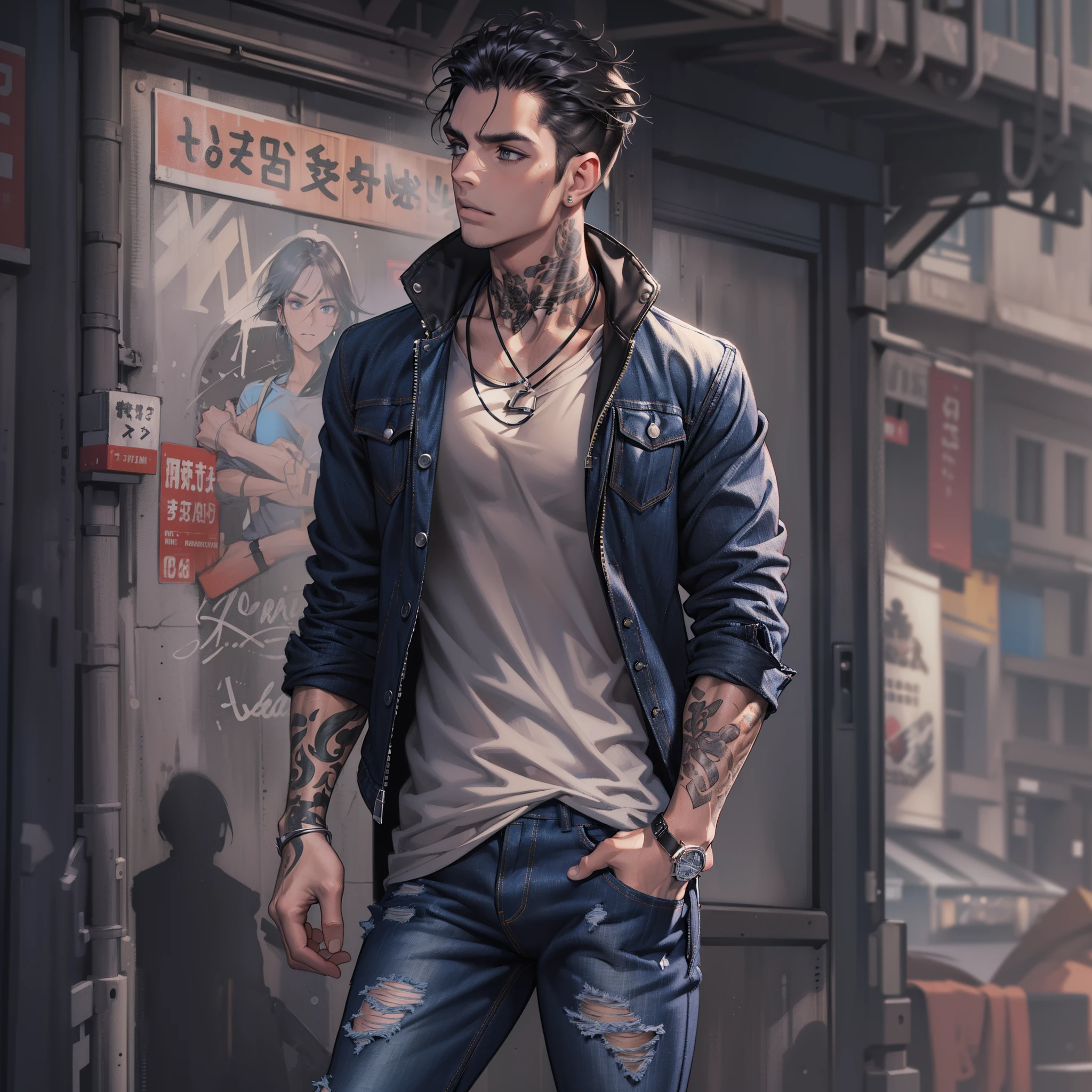 (masterpiece, best quality, high quality, highres: 1.4), detailed, extremely detailed, ultra detail, male, 1male, slim, athletic, rugged face, short black hair, smooth skin, muscle, (((chestwear: t-shirt, bottomwear: jeans, footwear: boots))), tattoos, arm tattoos, beautiful, closed_mouth, casual, city background, simple background, wearing a coat, blazer, piercings