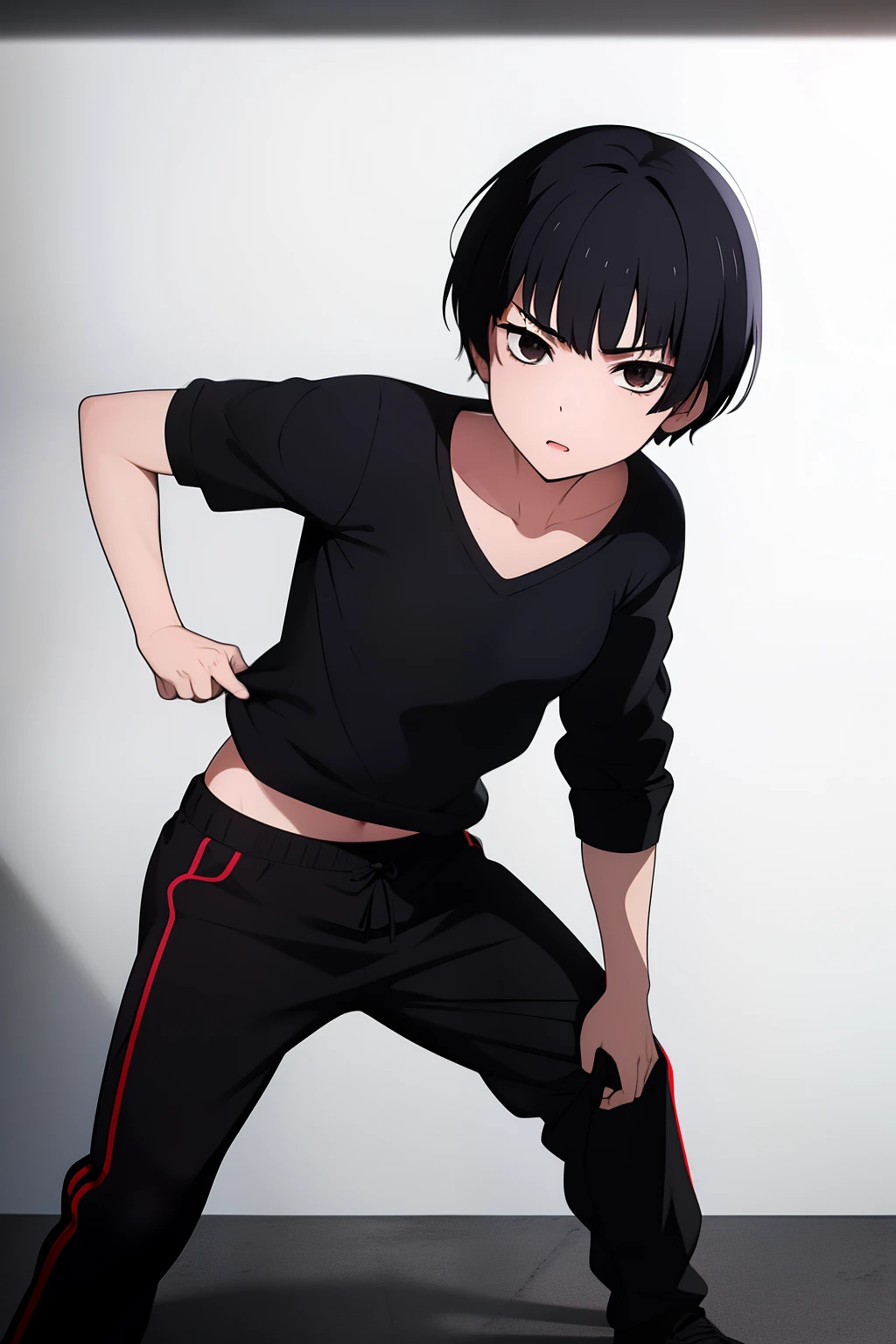 Cute boy, short black hair pulled up, black clothes, full body,boy, a young boy, Bangs up, hair standing up, Combat stance, Fighting stance, Hand drawing is better, sexy body, Better eye drawing, finer details, high quality, sexy,