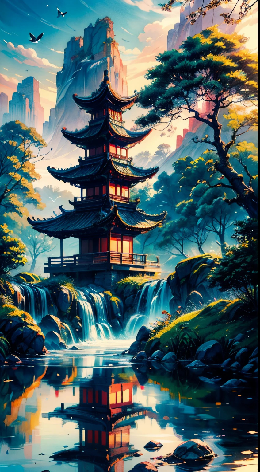 (best quality,4k,8k,highres,masterpiece:1.2),ultra-detailed,(realistic,photorealistic,photo-realistic:1.37),flying sky island, water fall, rainbow, chinese style, natural, colorful, giant water fall, sunset, purple sky, yellow sun, peaceful, serene, tranquil, majestic, ethereal, breathtaking, vibrant, picturesque, mystical, mesmerizing, dreamlike, romantic, awe-inspiring, enchanting, enchanting landscapes, captivating, graceful, soothing, idyllic, hidden oasis, hidden gem, paradise, hidden wonder, divine, mythical, serene beauty, divine beauty, otherworldly, aerial view, panoramic view, surreal, floating, suspended in the air, suspended in the sky, tranquil sea, sparkling water, cascading water, misty, misty water, roaring, powerful, fresh breeze, cool mist, gentle spray, shimmering, sparkling, gentle flow, peaceful flow, a fusion of nature and architecture, a harmonious blend, ornate Chinese architecture, pagoda, rustic wooden bridge, lush greenery, vibrant foliage, blooming flowers, delicate petals, chirping birds, fluttering butterflies, flowing robes, traditional Chinese clothing, tranquil ponds, stone statues, stone lanterns, serene reflection, distant mountains, distant horizon, distant islands, distant skyline, dramatic cliffs, rugged terrain, winding paths, meandering streams, stepping stones, traditional Chinese gardens, Zen garden, bonsai trees, tea house, meditation, tranquility, inner peace, cultural heritage, ancient traditions, rich history, hidden valleys, secluded nooks, golden hour, warm hues, soft sunlight, gentle twilight, magical atmosphere, calm and soothing, artistic masterpiece, poetic beauty, visual poetry, color palette, graceful brushstrokes, poetic composition, vibrant colors, traditional ink painting, watercolor, ink wash painting, naturalistic, asymmetry, simple and elegant, harmonious composition, detailed craftsmanship, symbolic motifs, artistic expression.