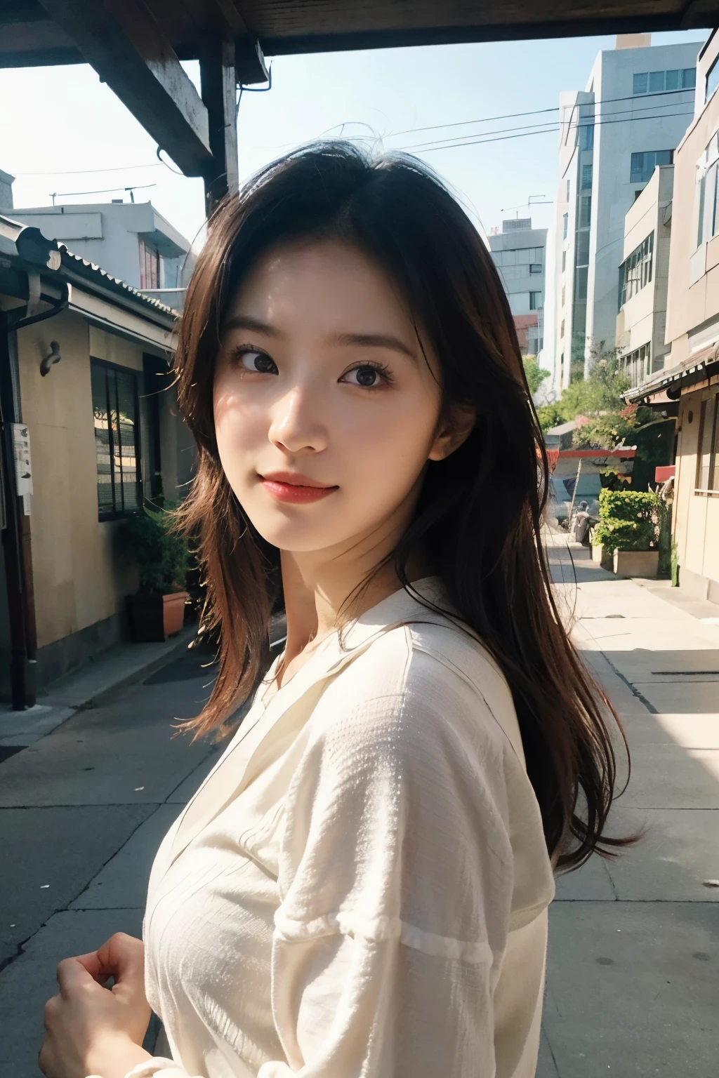 (masutepiece 、Best Quality 、HDR UHD 、Professional)、(Photorealsitic:1.4)、1girl in、A Japanese Lady、Natural light、(Realistic,Photorealsitic:1.37),(Looking at Viewer:1.331),Posing,on dallas street,moyou,Looks fun,