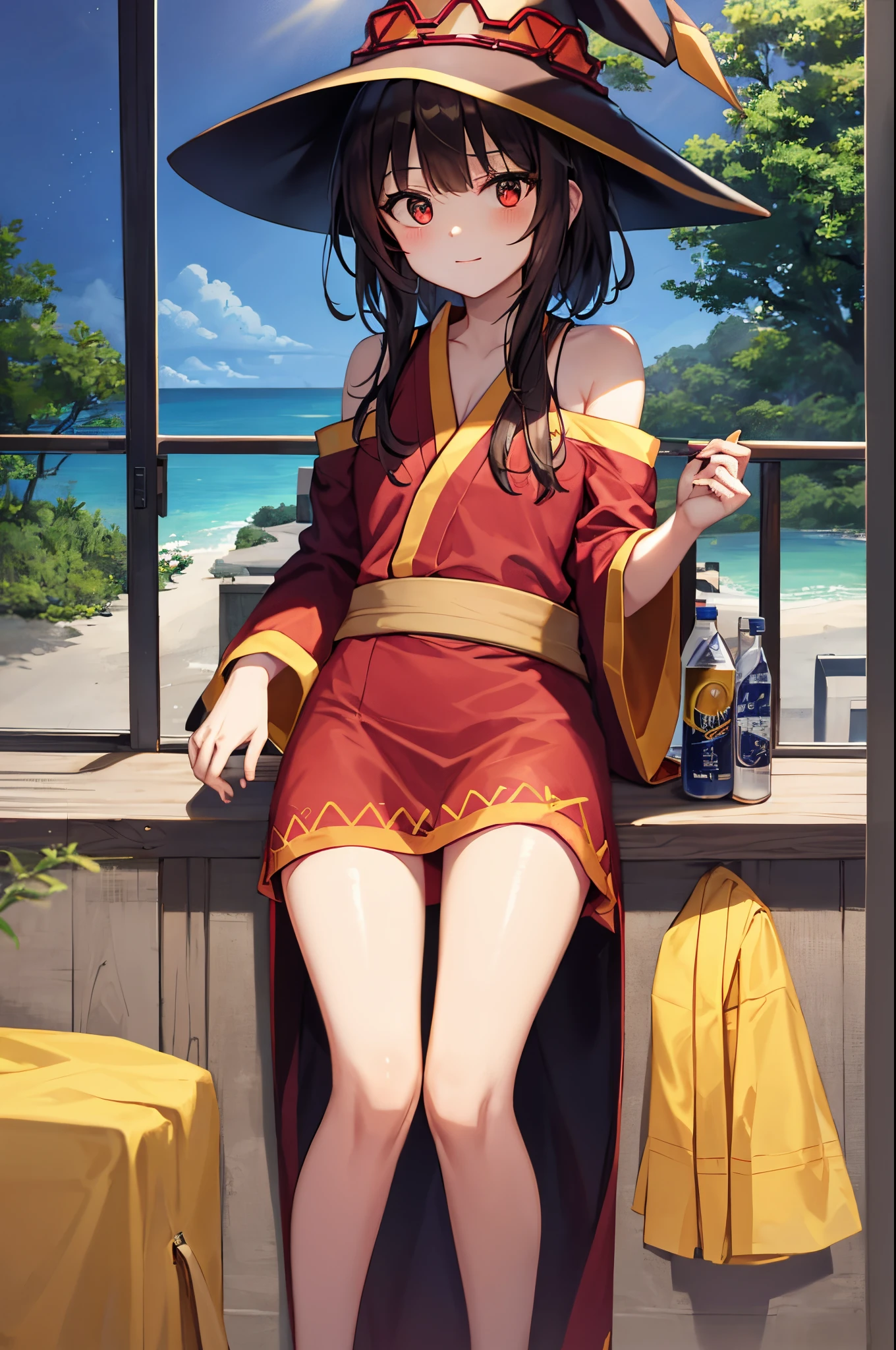 1 menina Megumin vermelha deitada na banheira em yukata, detalhes do rosto, HUD, charmoso, rosto bonito, red eyes, cabelos curtos, cabelos castanhos, pernas nuas, melhor qualidade, fundo complexo, banheiro, luz solar da janela brilhando no banheiro, sparkling water, reflexo de luz e sombra, noite