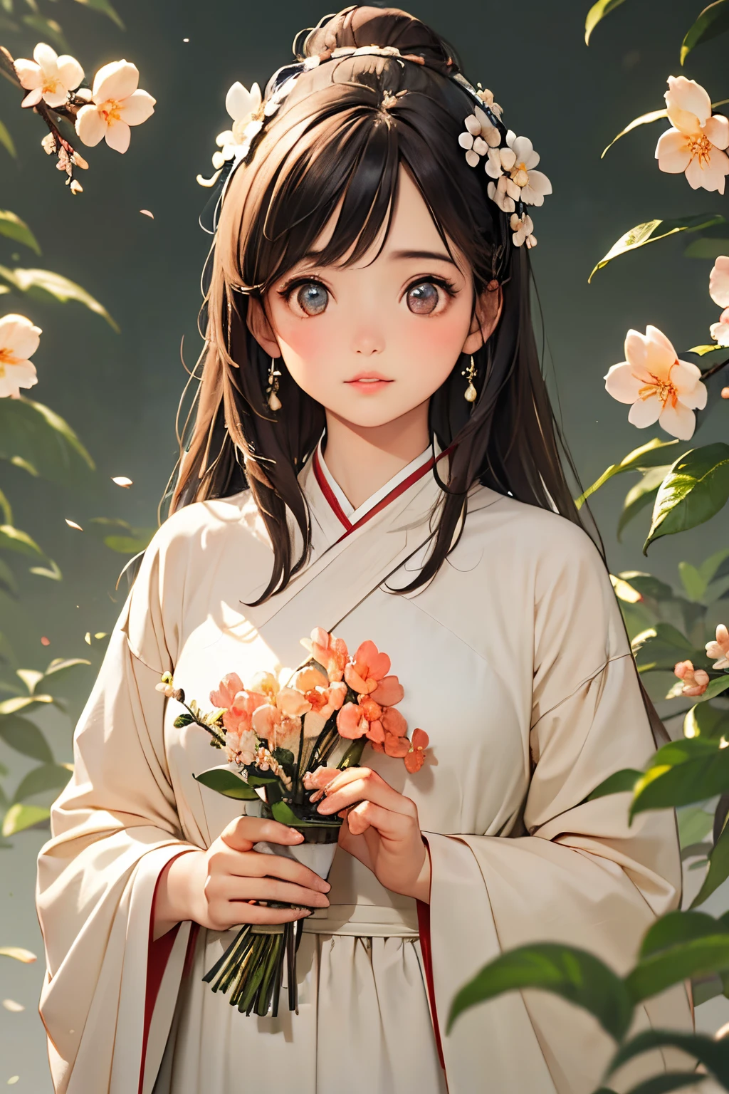 (actual,realisticlying,Photorealistic:1.37), vibrant lights, beautiful apricot blossom, Highly detailed lips and eyes, The lonely figure is surrounded by the faint fragrance of flowers, plant femininity