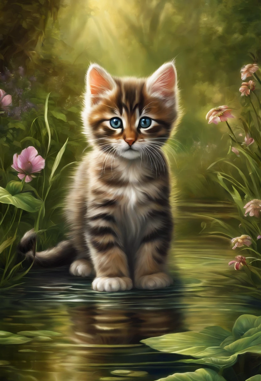 Heroic fantasy drawing of a cute kitten, grassy, wildflowers, Flowing water, shimmering with many trees and reflections, vine,In a dangerous fantasy world. Airbrush on oil painting on canvas. Best quality, A high resolution,Predating human civilization. Vulgar and simple, But there are also surprisingly beautiful pieces of art, Made by talented original artists. Best quality, A high resolution
