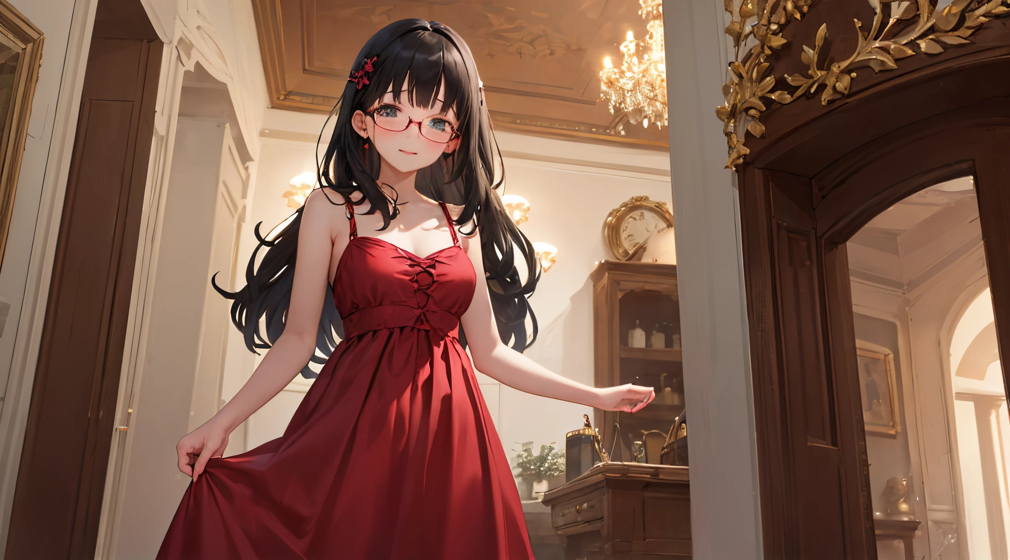 a short girl at a ball, with long brown hair, a long red dress and pink rimmed glasses