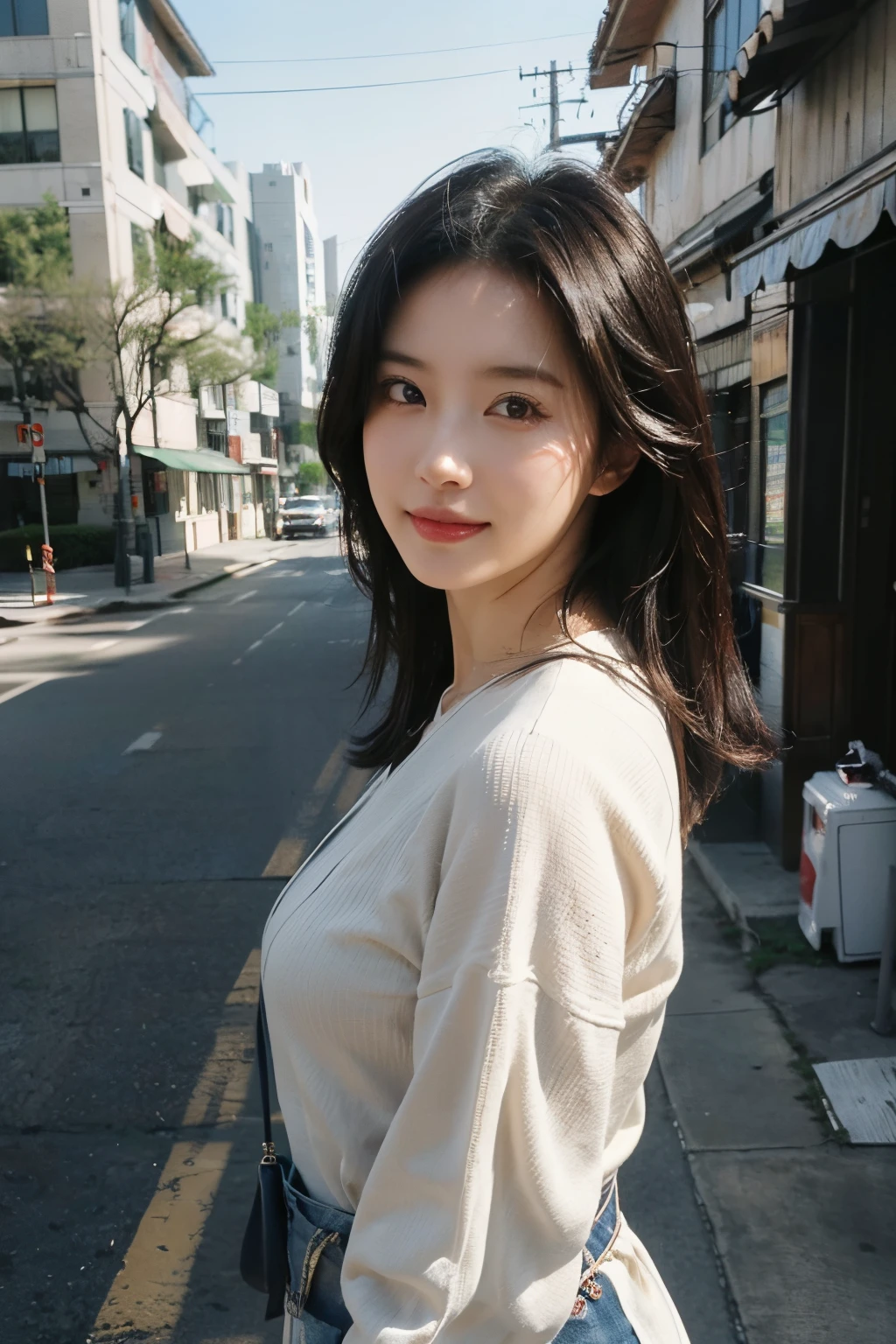 (masutepiece 、Best Quality 、HDR UHD 、Professional)、(Photorealsitic:1.4)、1girl in、A Japanese Lady、Natural light、(Realistic,Photorealsitic:1.37),(Looking at Viewer:1.331),Posing,on dallas street,moyou,Looks fun,