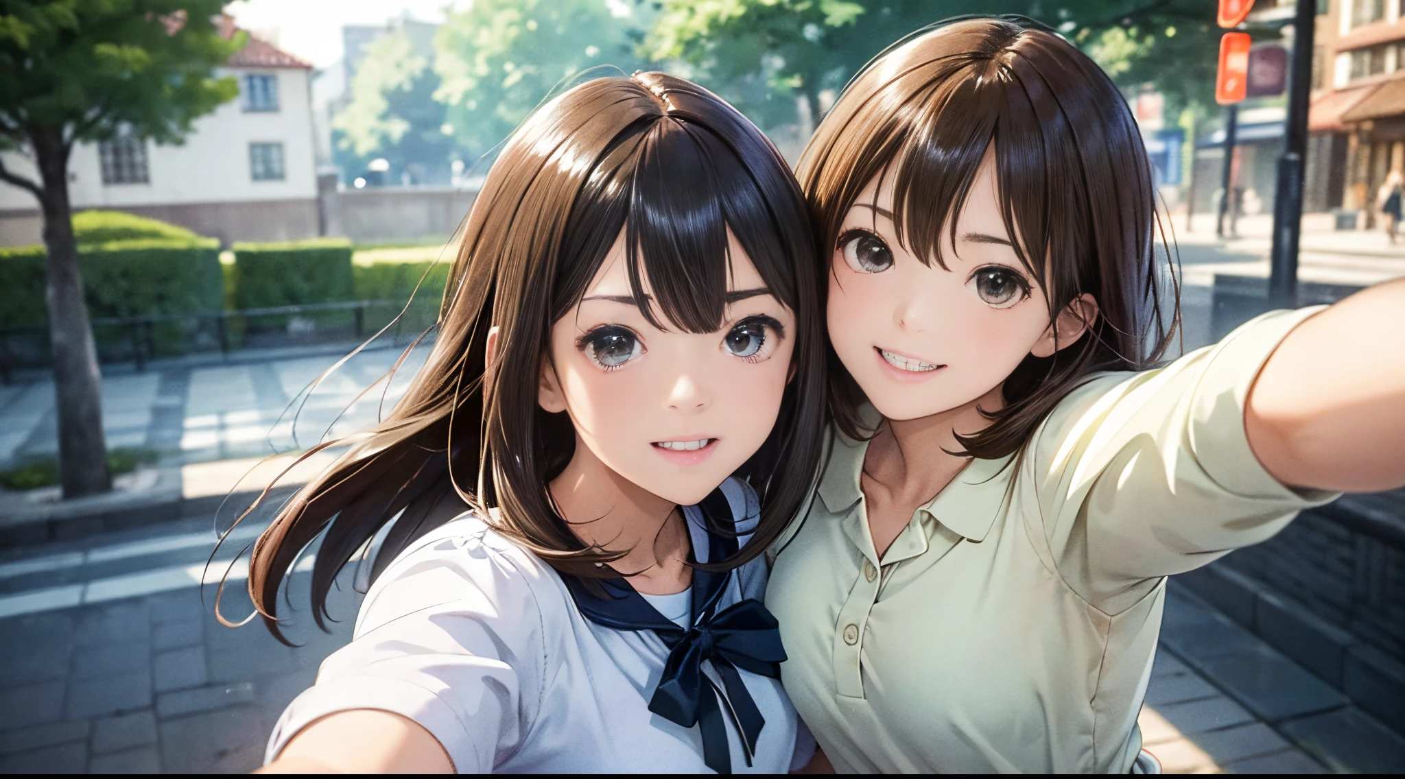 (Best Quality:1.2), Ultra-detailed, hight resolution, masutepiece:1,2, Vivid colors, Bokeh, Professional Lighting, Physically-based rendering, flat-colors:0.8, Fine Illustration, Realistic:1.37, Shinkai Makoto style, Your name style, light brown hair, Elegant update, a short bob, Hairstyles such as chignons, Laughing together, Dynamic Poses, Selfie, Upper body full sister、