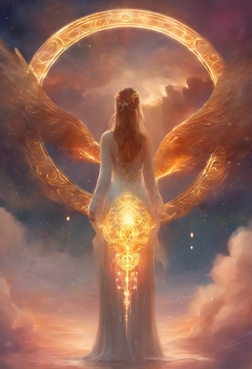 A woman in a white dress holding a golden ring with wings - SeaArt AI