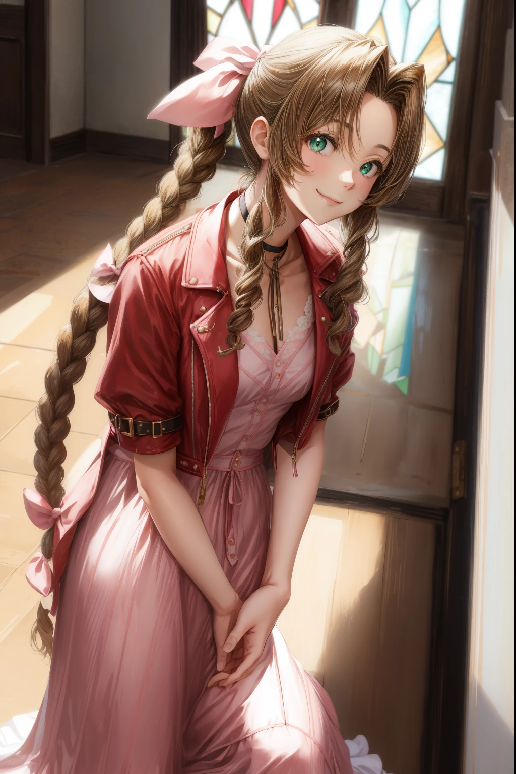 masutepiece, Best Quality, aerith gainsborough, Choker, Cropped jacket, Hair Bow, 手链, Pink dress, Looking at Viewer, Leaning forward, Smile, Closed mouth, Indoors, stained glass window