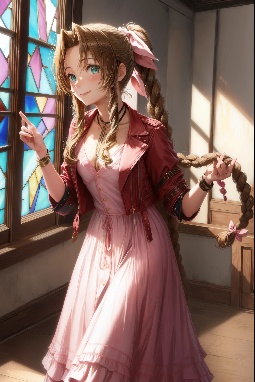 masutepiece, Best Quality, aerith gainsborough, Choker, Cropped jacket, Hair Bow, 手链, Pink dress, Looking at Viewer, Leaning forward, Smile, Closed mouth, Indoors, stained glass window