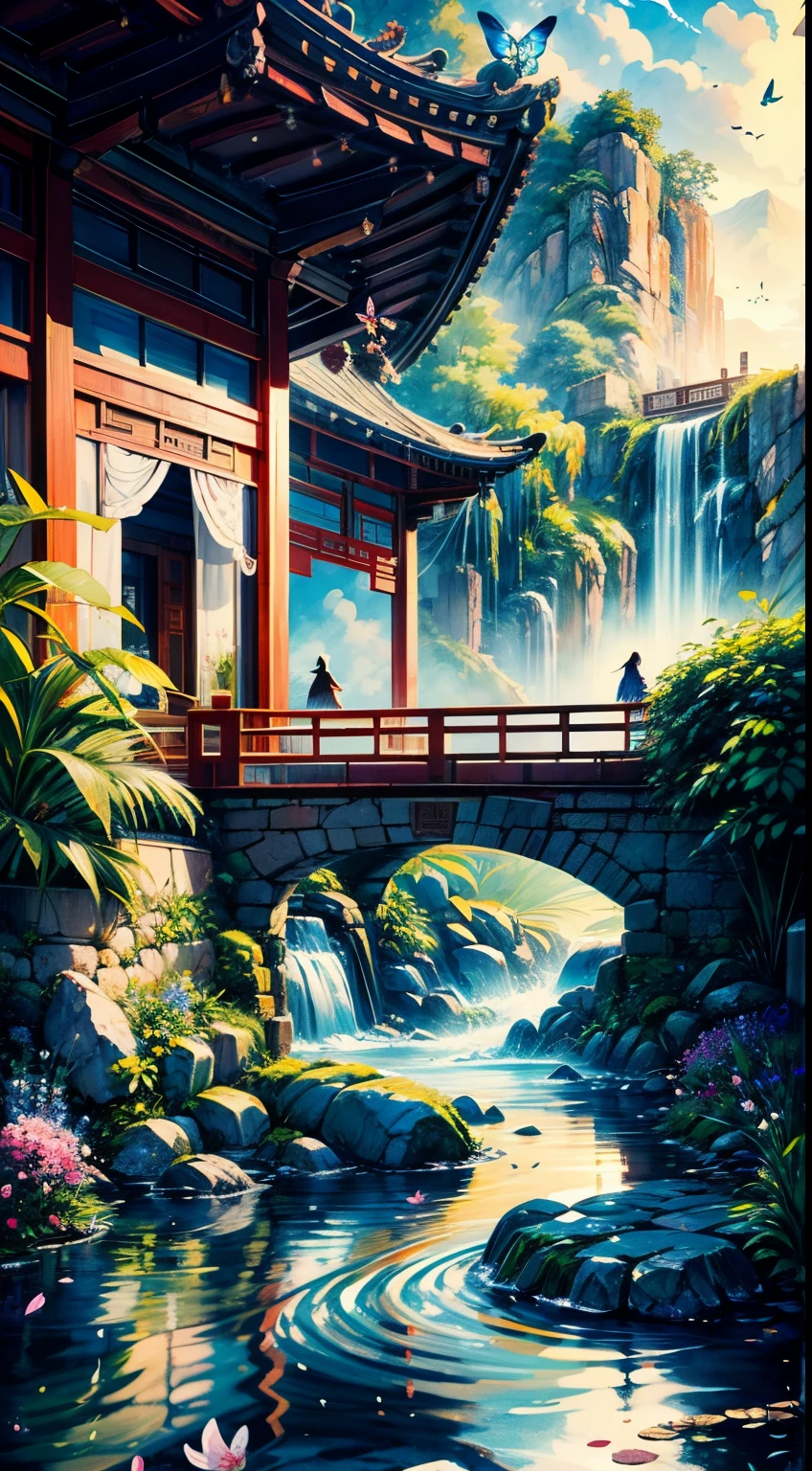 (best quality,4k,8k,highres,masterpiece:1.2),ultra-detailed,(realistic,photorealistic,photo-realistic:1.37),flying sky island, water fall, rainbow, chinese style, natural, colorful, giant water fall, sunset, purple sky, yellow sun, peaceful, serene, tranquil, majestic, ethereal, breathtaking, vibrant, picturesque, mystical, mesmerizing, dreamlike, romantic, awe-inspiring, enchanting, enchanting landscapes, captivating, graceful, soothing, idyllic, hidden oasis, hidden gem, paradise, hidden wonder, divine, mythical, serene beauty, divine beauty, otherworldly, aerial view, panoramic view, surreal, floating, suspended in the air, suspended in the sky, tranquil sea, sparkling water, cascading water, misty, misty water, roaring, powerful, fresh breeze, cool mist, gentle spray, shimmering, sparkling, gentle flow, peaceful flow, a fusion of nature and architecture, a harmonious blend, ornate Chinese architecture, pagoda, rustic wooden bridge, lush greenery, vibrant foliage, blooming flowers, delicate petals, chirping birds, fluttering butterflies, flowing robes, traditional Chinese clothing, tranquil ponds, stone statues, stone lanterns, serene reflection, distant mountains, distant horizon, distant islands, distant skyline, dramatic cliffs, rugged terrain, winding paths, meandering streams, stepping stones, traditional Chinese gardens, Zen garden, bonsai trees, tea house, meditation, tranquility, inner peace, cultural heritage, ancient traditions, rich history, hidden valleys, secluded nooks, golden hour, warm hues, soft sunlight, gentle twilight, magical atmosphere, calm and soothing, artistic masterpiece, poetic beauty, visual poetry, color palette, graceful brushstrokes, poetic composition, vibrant colors, traditional ink painting, watercolor, ink wash painting, naturalistic, asymmetry, simple and elegant, harmonious composition, detailed craftsmanship, symbolic motifs, artistic expression.