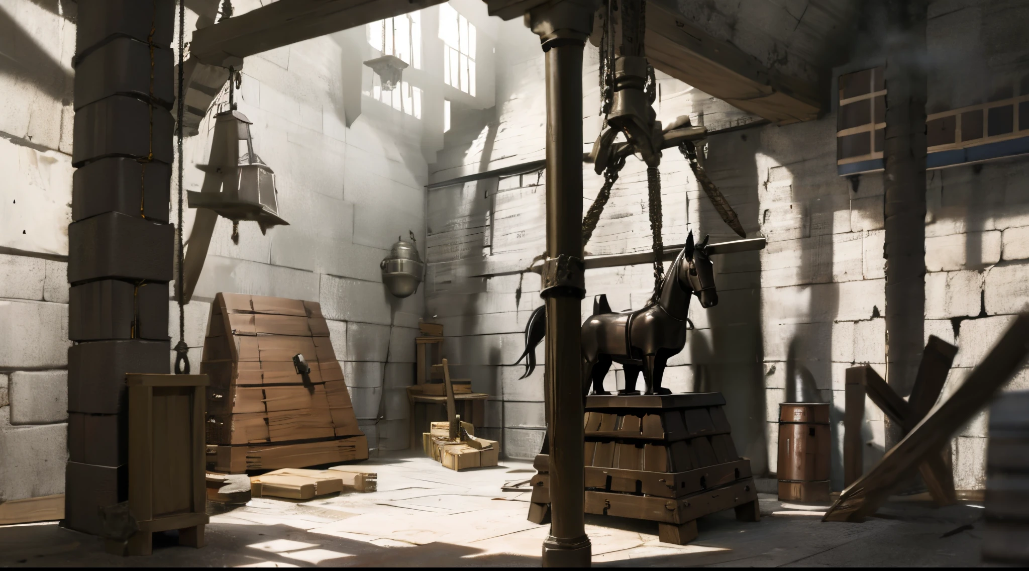 dungeon scenery concept art, bondage toys, torture room, wooden horse bondage device