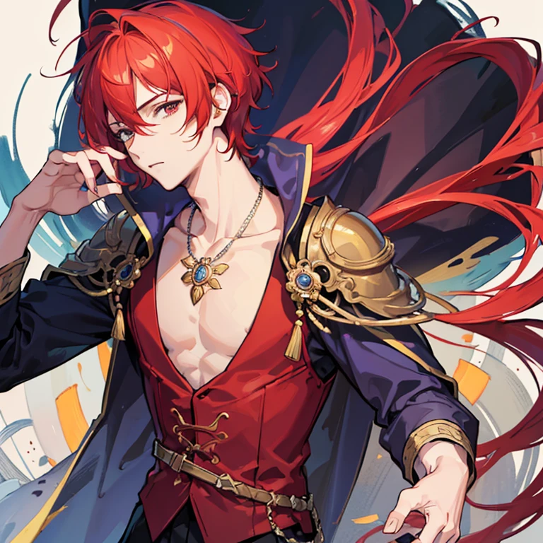 rinne amagi, rinne, ensemble stars, solo male, 1 male, rinne amagi male, short mullet hair, red hair, blue eyes, cute male, simple background, smirk, cyan eyes, pretty boy