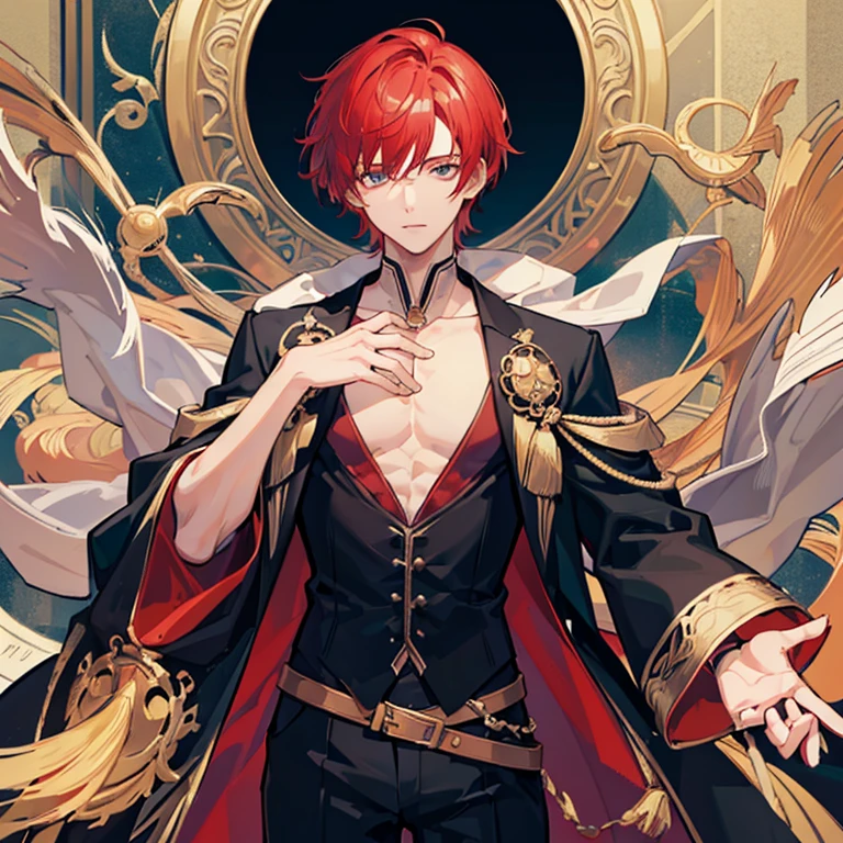 ((Masterpiece, Highest quality)), Male, boy, Detailed face, character design sheet , Full of details, frontal body view, Highly detailed, Depth, Many parts, boy with red hair,handsome man, fortune teller clothes, man tall, close up, high quality face, solo