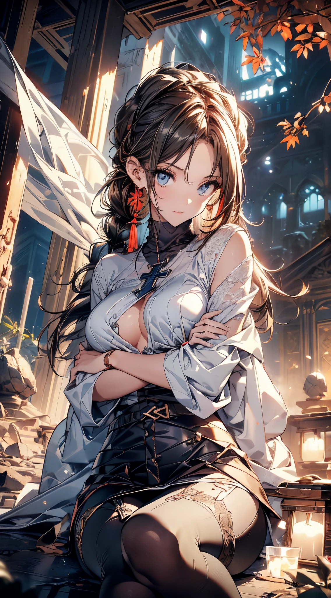 (Character concept image:1.3), a matured woman with long black hair and a white outfit, (at a rock place in a desert:1.2), (standing on illuminated magic circle drawn on the ground:1.2, under starly sky:1.3, sitting Indian-styles:0.0, Yoga posing:0.0, with opening legs and rising knee:0.0, with cross-legged:1.5, rift and open your arms:1.3, in Arabic ancient ruins:1.3), (holding Bible:1.2), Arabic, (Post apocalyptic:0.2), from arknights, artwork in the style of guweiz, bodyesbian, fine details. girls frontline, beautiful anime illustration, from girls frontline, by Yang J, stunning, 28 years old, (milf:1.3), (solo:1.5), (sfw:1.25), (sagging breast, fuge breasts, big tits, thin waist, big ass:1.2), Raised sexy, (dark mahogany medium short hair, updo, hair over one eye, asymmetric hair, Carly hair, low tied braids),(musulman, white Headscarfs, hair bands, head vandage, Turban), (ultra high resolution, 8K RAW photo, photo realistics, thin outline:1.3, clear focus), best qualtiy, cinematic lighting, textile shading, blurry back ground, field depth, bokeh, (Bright pupils, fine detailed beautiful eyes with highlight:1.3, high detailed face), Red lip, fine realistic skins:1.1, looking at viewers:1.3, (dynamic angle:1.3, front view:1.1, tight focus:1.3, from below:1.2), (dynamic posing:1.5, sexy posing:1.2, leaning forward), ((open your mouth:1.3)), (seductive smiling:1.2), centered image, (wearing white long jacket and clothes, wearing white robes:1.3, ((bare breast:1.37)), platinum ornaments, rolling white clothes around waist, dark brown long leather boots:1.3, translucent lace pantyhose), (((correct anatomy:1.5, perfect anatomy:1.37))), ((outdoor:1.2, in a night:1.3)),