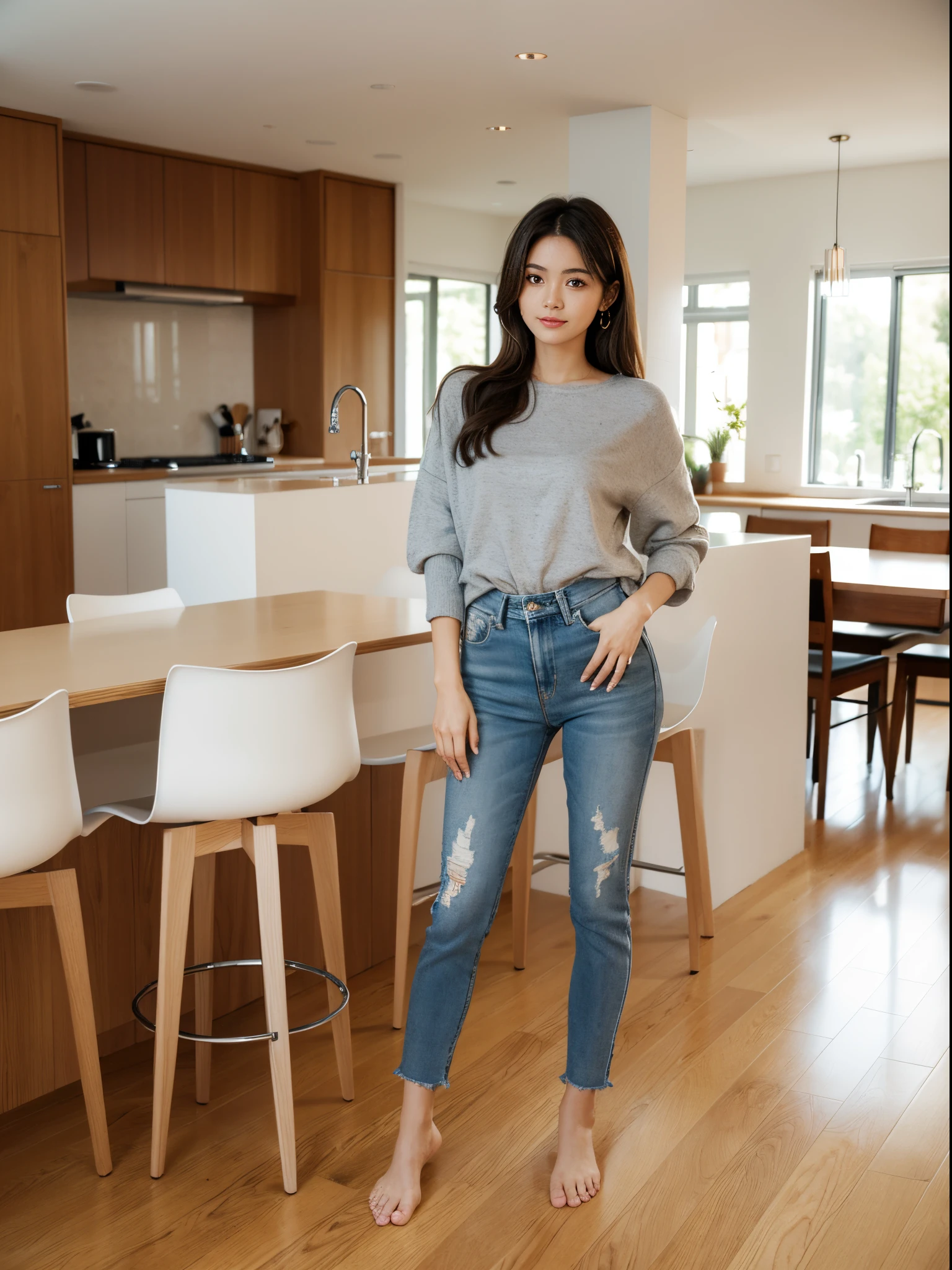 cute beautiful woman,standing in the house, With modern furniture,you can see the face, The face was beautiful and clear., Focus on face details,Beautiful, sharp face, Focus on face details,Stand with your whole body visible,Can see feet
