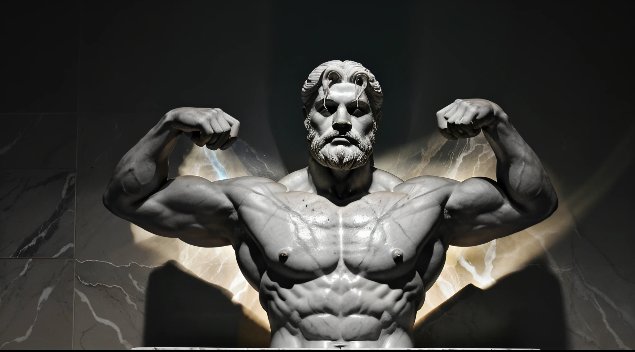 A majestic marble sculpture representing Zeus, with defined muscles and wise expression, iluminada por luces que resaltan su esplendor, sobre un fondo oscuro.