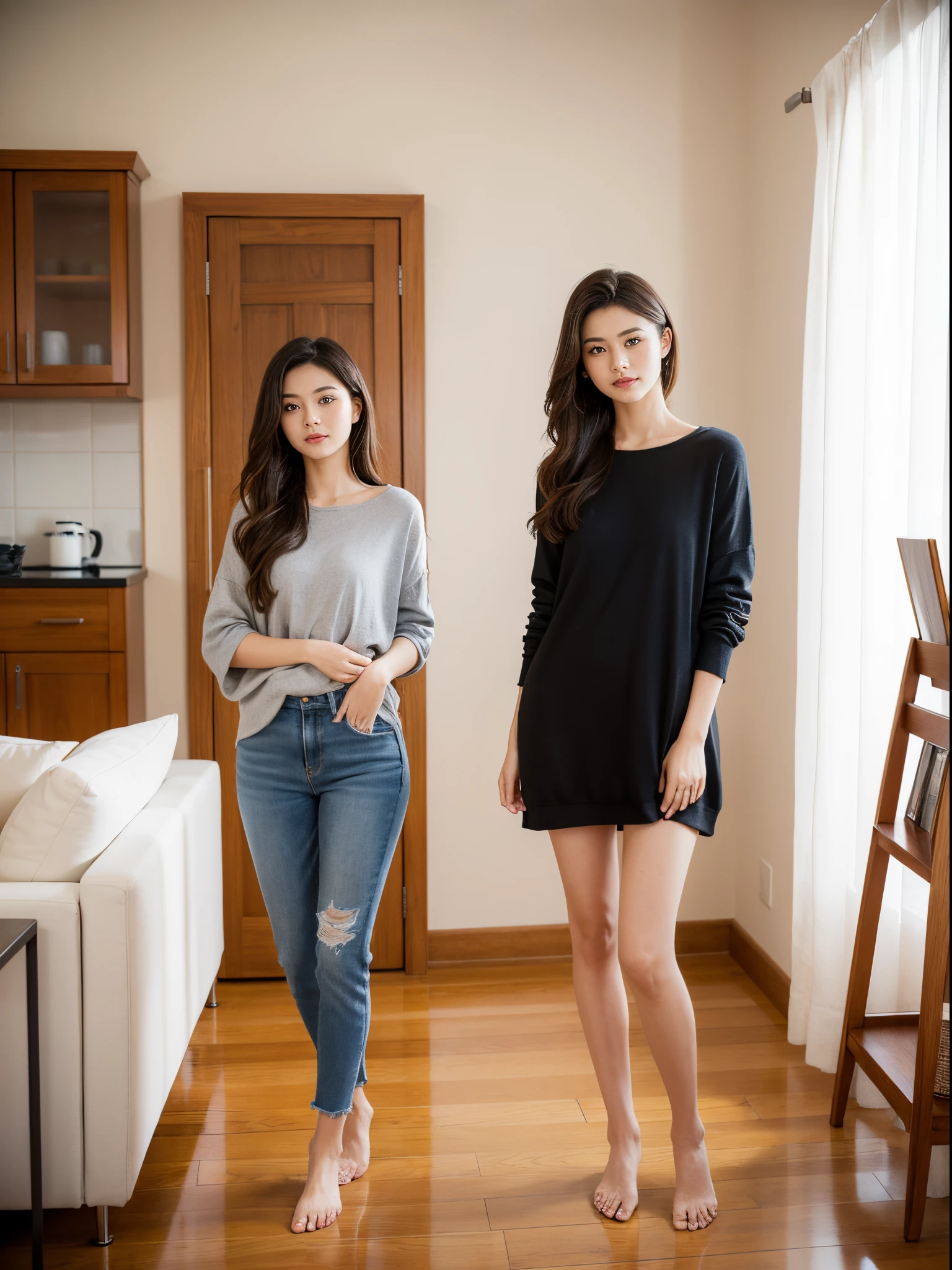 cute beautiful woman,standing in the house, With modern furniture,you can see the face, The face was beautiful and clear., Focus on face details,Beautiful, sharp face, Focus on face details,Stand with your whole body visible,Can see feet