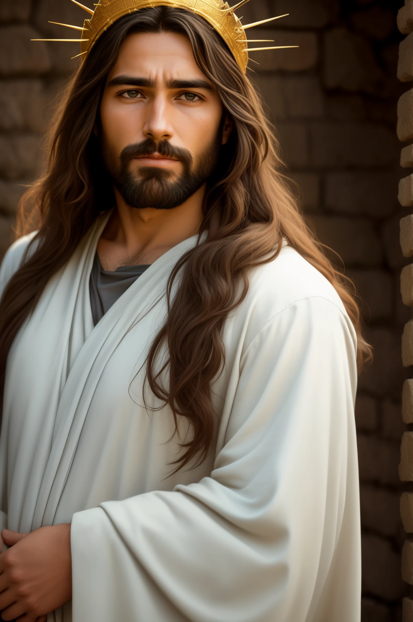 "Please create a realistic portrait of Jesus, representing him as a simple and humble man. Highlight the calm and compassionate expression on your face, with serene eyes and a soft smile. Be sure to faithfully portray Jesus' signature facial features, such as his beard and long hair. Add a crown of thorns on your head, emphasizing the painful aspect, but without exaggerating the violence. Use soft lighting to emphasize the aura of kindness and peace around it. The main focus should be to convey the message of love and compassion that Jesus represents. Please avoid any offensive or disrespectful depictions. The goal is to create a reverent and inspiring image that captures the essence of Jesus as a simple man and the Savior of mankind."