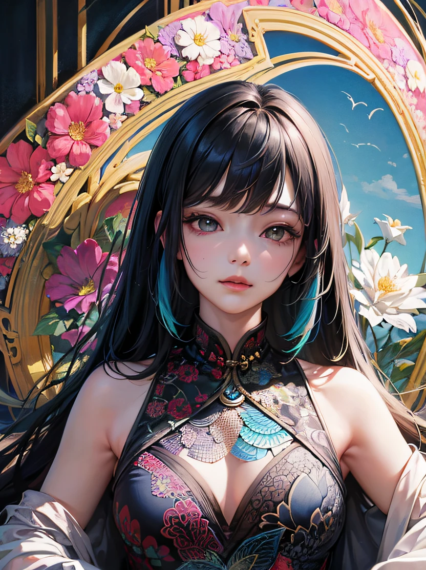 hightquality、hight resolution、​masterpiece、foco nítido、lighting like a movie、Portrait of an amazingly beautiful woman、3/5 shots、Official art、Beautifully Aesthetic、detailed symmetric realistic face、Highly detailed natural textures、ighly detailed、finely detail、Many colors、richly colored、ultra realistic textures、dramatic  lighting、watching at viewers、((Abstract fractal art background、Zentangle、colourfull、Floral pattern))、(dynamicposes)、Flower cheongsam、Accurate hand depiction、shinny skin、耳环