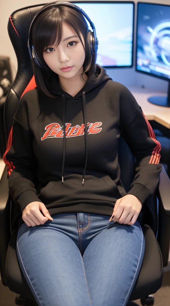 ((8K, Best Quality, Very detailed face, Very detailed eyes, Very detailed skin, Beautiful Japanese woman with perfect proportions, Looking at Viewer)), ((thick thight, wide pelvic) )), (Long hoodie, headphones), ((Sitting in a gaming chair)), (In a room with a game monitor)