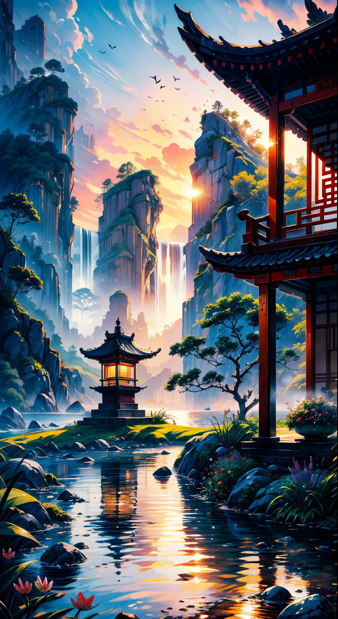 (best quality,4k,8k,highres,masterpiece:1.2),ultra-detailed,(realistic,photorealistic,photo-realistic:1.37),flying sky island, water fall, rainbow, chinese style, natural, colorful, giant water fall, sunset, purple sky, yellow sun, peaceful, serene, tranquil, majestic, ethereal, breathtaking, vibrant, picturesque, mystical, mesmerizing, dreamlike, romantic, awe-inspiring, enchanting, enchanting landscapes, captivating, graceful, soothing, idyllic, hidden oasis, hidden gem, paradise, hidden wonder, divine, mythical, serene beauty, divine beauty, otherworldly, aerial view, panoramic view, surreal, floating, suspended in the air, suspended in the sky, tranquil sea, sparkling water, cascading water, misty, misty water, roaring, powerful, fresh breeze, cool mist, gentle spray, shimmering, sparkling, gentle flow, peaceful flow, a fusion of nature and architecture, a harmonious blend, ornate Chinese architecture, pagoda, rustic wooden bridge, lush greenery, vibrant foliage, blooming flowers, delicate petals, chirping birds, fluttering butterflies, flowing robes, traditional Chinese clothing, tranquil ponds, stone statues, stone lanterns, serene reflection, distant mountains, distant horizon, distant islands, distant skyline, dramatic cliffs, rugged terrain, winding paths, meandering streams, stepping stones, traditional Chinese gardens, Zen garden, bonsai trees, tea house, meditation, tranquility, inner peace, cultural heritage, ancient traditions, rich history, hidden valleys, secluded nooks, golden hour, warm hues, soft sunlight, gentle twilight, magical atmosphere, calm and soothing, artistic masterpiece, poetic beauty, visual poetry, color palette, graceful brushstrokes, poetic composition, vibrant colors, traditional ink painting, watercolor, ink wash painting, naturalistic, asymmetry, simple and elegant, harmonious composition, detailed craftsmanship, symbolic motifs, artistic expression.