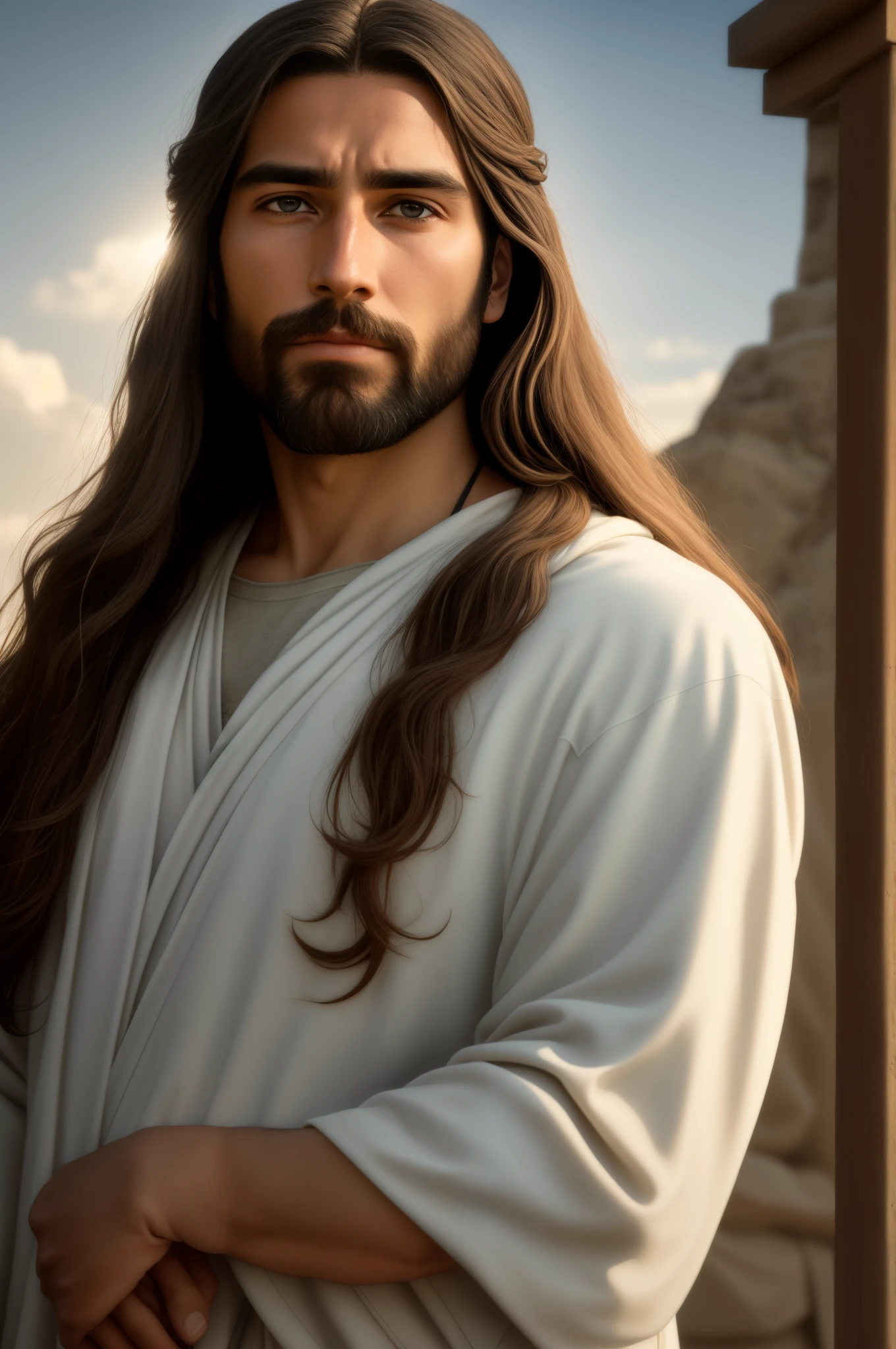 "Please create a realistic portrait of Jesus, representing him as a simple and humble man. Highlight the calm and compassionate expression on your face, with serene eyes and a soft smile. Be sure to faithfully portray Jesus' signature facial features, such as his beard and long hair. Add a crown of thorns on your head, emphasizing the painful aspect, but without exaggerating the violence. Use soft lighting to emphasize the aura of kindness and peace around it. The main focus should be to convey the message of love and compassion that Jesus represents. Please avoid any offensive or disrespectful depictions. The goal is to create a reverent and inspiring image that captures the essence of Jesus as a simple man and the Savior of mankind."