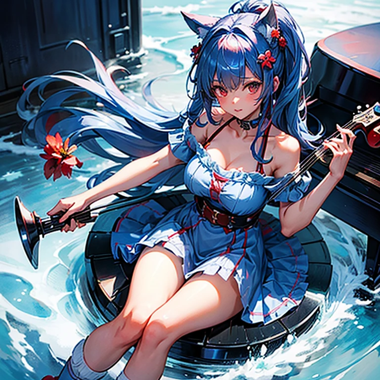 teens girl、lightblue hair、head and red flower hair ornament、breastsout、Light blue long dress(slit)、thigh、Black knee-high socks、red and blue flowers on the waist、Wolf's tail、play the ice violin、circular piano keyboard、ice effect、raise leg、View here、ice underfoot、
