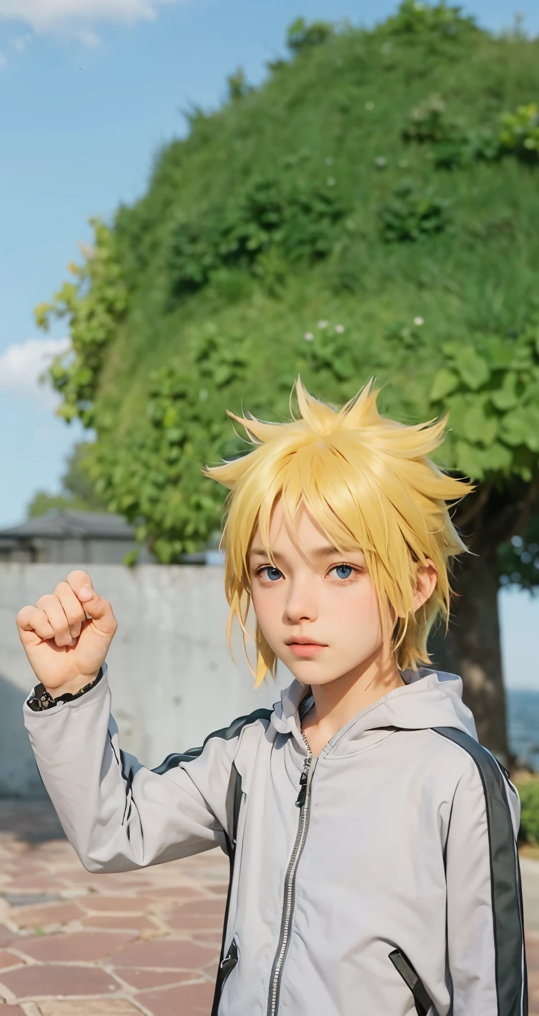 Real life adaption of this character ,The handsome face of a boy, realistic same hair spiky blonde, (realistic same outfit), realistic background , realistic light, realistic shadow, realism, hyper realistic,(photorealistic:1.2), normal small eyes