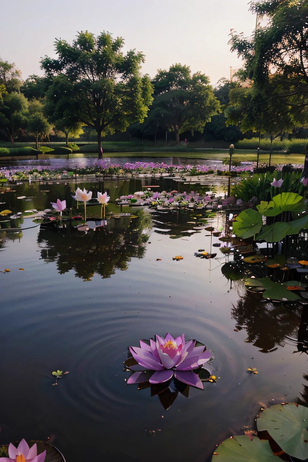 The lotus flowers in the pond are purple, very beautiful.