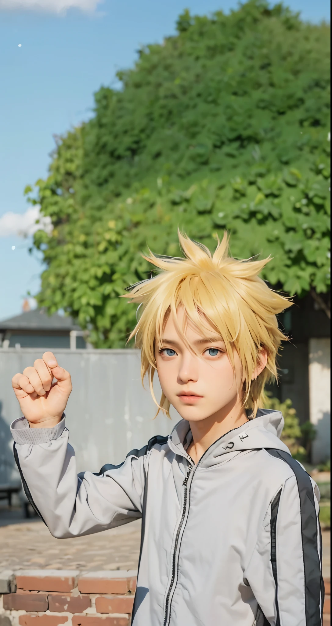 Real life adaption of this character ,The handsome face of a boy, realistic same hair spiky blonde, (realistic same outfit), realistic background , realistic light, realistic shadow, realism, hyper realistic,(photorealistic:1.2), normal small eyes