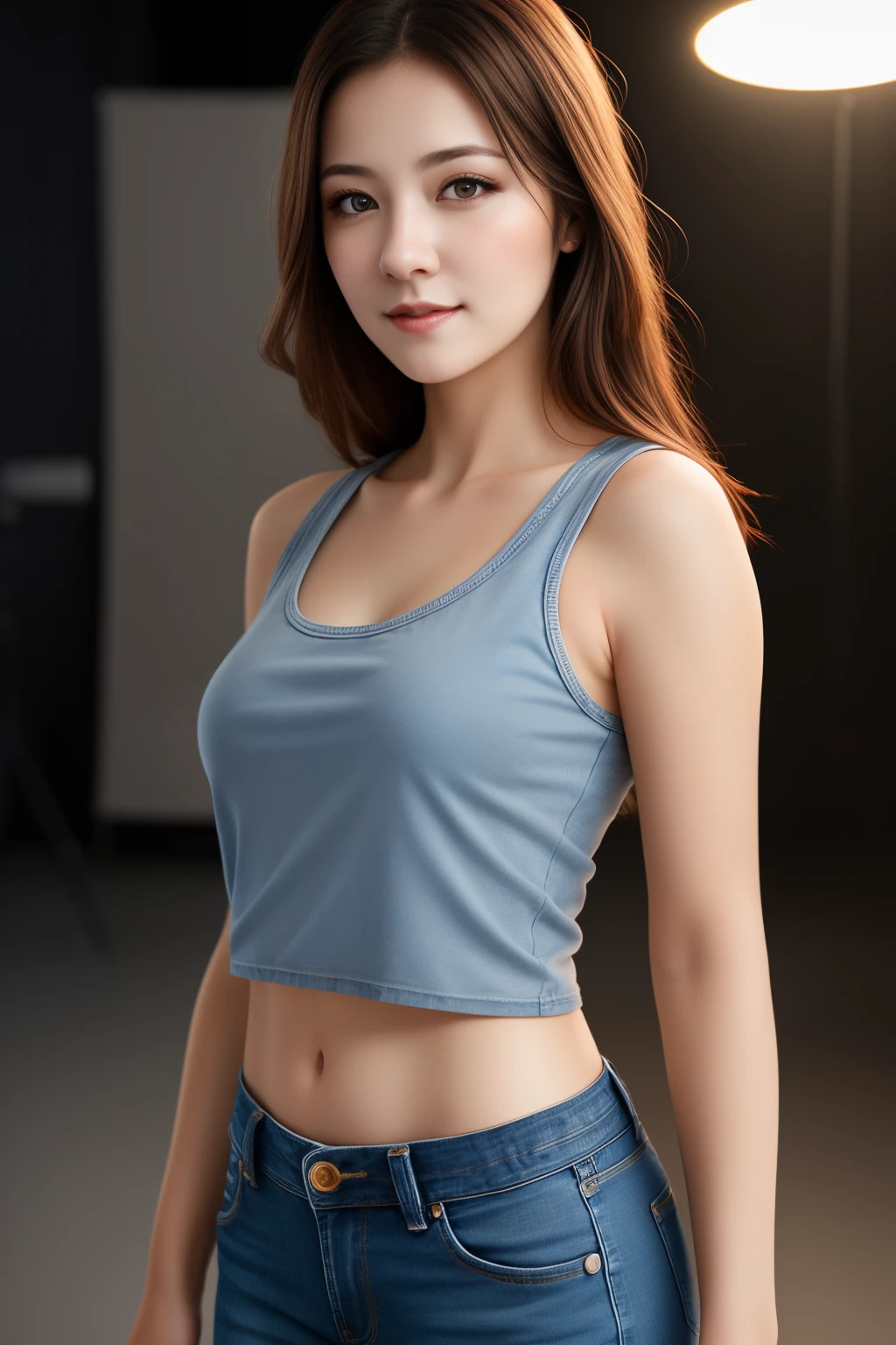 1girl,best quality,masterpiece,realistic,Professional,sharp focus,physically-based rendering,extreme detail description,Studio lighting,blurry background,Cupid mouth,mature female,round face,tan lines,jeans,tank_top,pectorals,