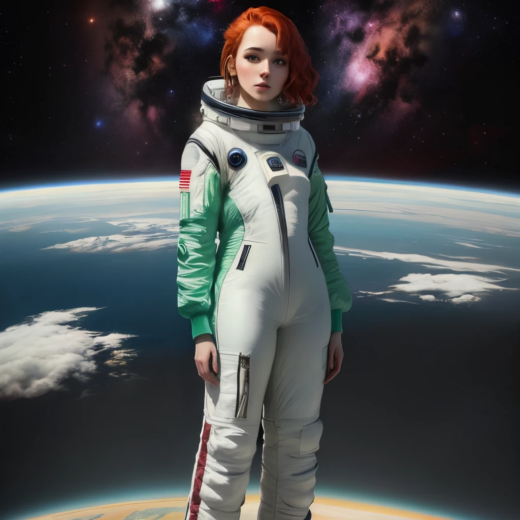 (Photo:1.6) of (Realistic:1.5) a european woman in a spacesuit,(hair on end:1.3) [ black hair : ginger : 17],beautiful body,sitting on a small moon,against the backdrop of space,humble smile. (atmosphere:1.3), (fog:1.2),(saturated colors:1.2),(black vignette:1.1), background more details,Highly Detailed