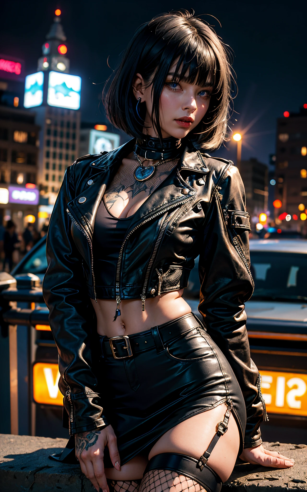 Beautiful 25 year old woman, black hair, Bob cut, blue eyes, sightly muscled, small breasts, messy hair, tattooed neck, leather jacket, black long skirt, San Francisco in the background, kinky, evil aura, night, piercings, fishnet stockings.