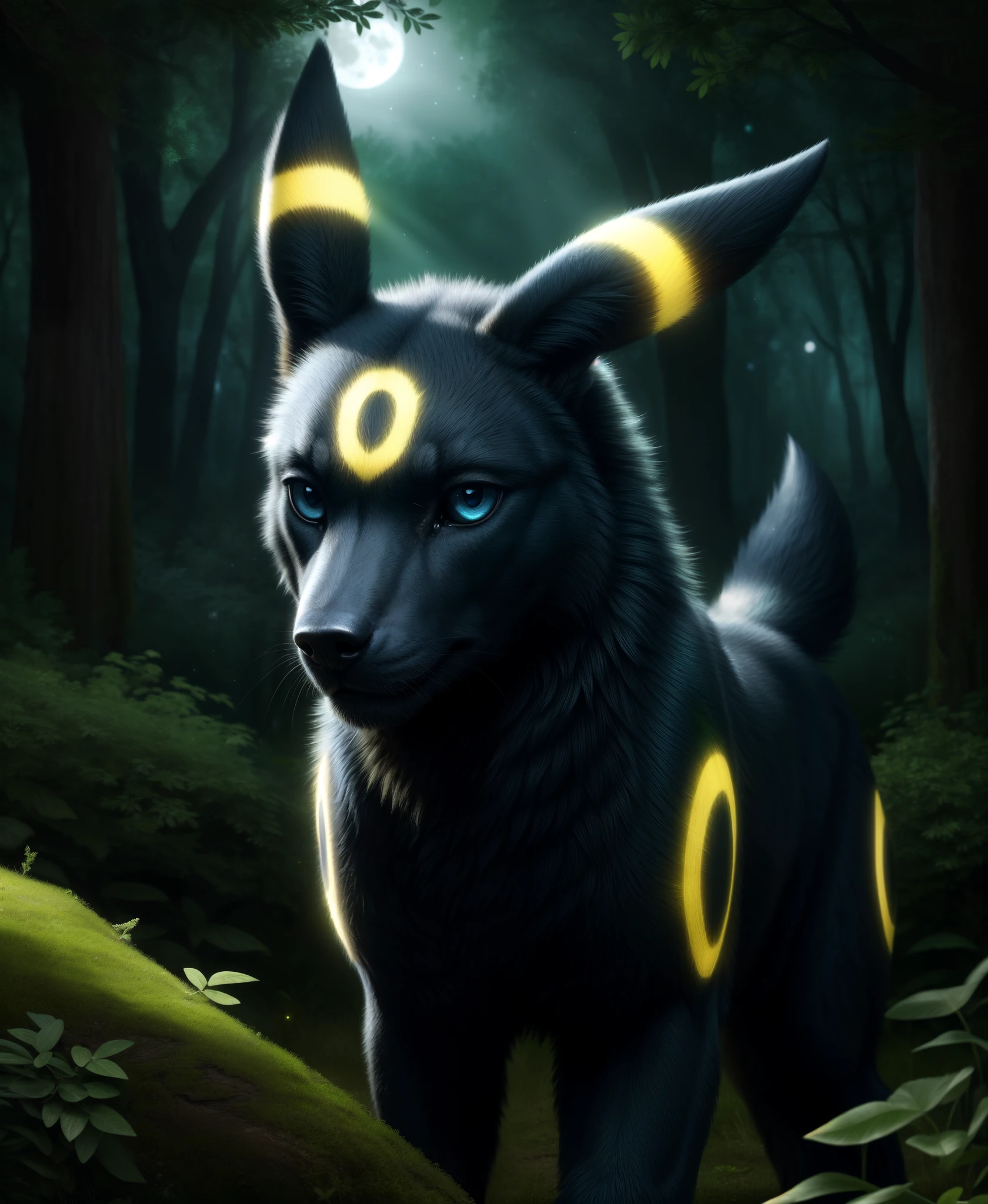 (realistic,photorealistic:1.37),masterpiece, Umbreon feral, looking at viewer, sharp blue eyes, full body, lush green forest background, mysterious atmosphere, detailed fur texture, moonlight shining through the trees