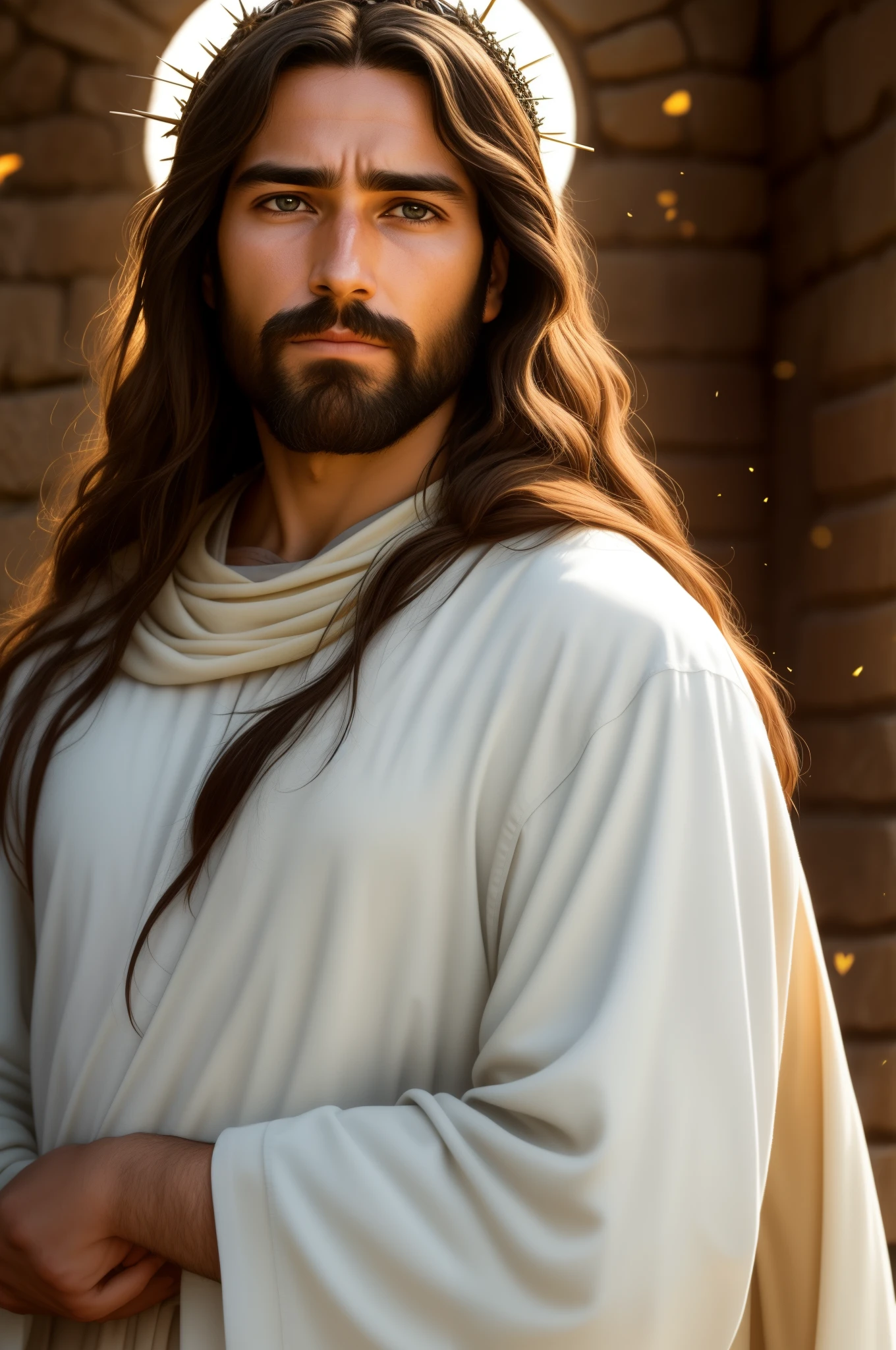 "Please create a realistic portrait of Jesus, representing him as a simple and humble man. Highlight the calm and compassionate expression on your face, with serene eyes and a soft smile. Be sure to faithfully portray Jesus' signature facial features, such as his beard and long hair. Add a crown of thorns on your head, emphasizing the painful aspect, but without exaggerating the violence. Use soft lighting to emphasize the aura of kindness and peace around it. The main focus should be to convey the message of love and compassion that Jesus represents. Please avoid any offensive or disrespectful depictions. The goal is to create a reverent and inspiring image that captures the essence of Jesus as a simple man and the Savior of mankind."