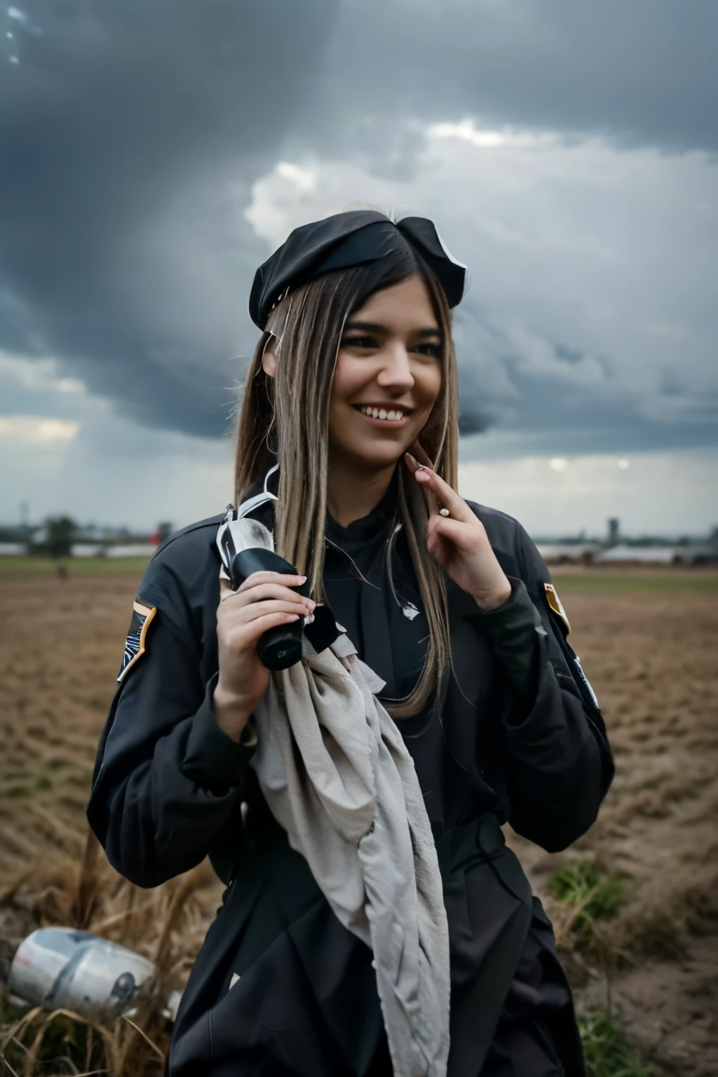 rivers has a black and gray combat soldier suit and has a white cap the weather is cloudy and it wants to rain she is in a field there are also several dead soldiers next to her and one of her hands is holding a grenade she is happy