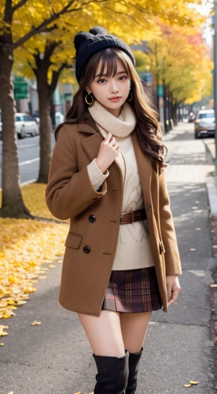 (Photorealistic), (ultra high realistic), (Ultra high definition), (ultra high detailed), (Increase contrast), (Increase saturation), ( girl), (light skinned)A pretty woman with perfect figure, Cute face, beautiful expression, (Lifelike face), Beautiful hairstyle, Realistic eyes, beautiful detail, (real looking skin), Beautiful skins, enticing, The ultra -The high-definition, A hyper-realistic, Realistic, Very detailed, Japanese, Semi-long curly hair, Bangs, (Brown hair), (slim figure), (Cute idol of Japan walking in light brown wool coat and knee-high boots, Tartan check)((a miniskirt:1.2,)) Burberry, Burberry Check Scarf:1.3, knit hat, Fall Winter 2023-2024), (), Gentle smile, Brown hair, ( earrings ), (Supermodel Figures), From below:1.3, In a row of ginkgo trees, Long, Magnificent ginkgo trees lined with autumn leaves on both sides of the road, Autumn, golden leaves, A road with many fallen leaves that look golden:1.3, Filled with fallen leaves:1.3