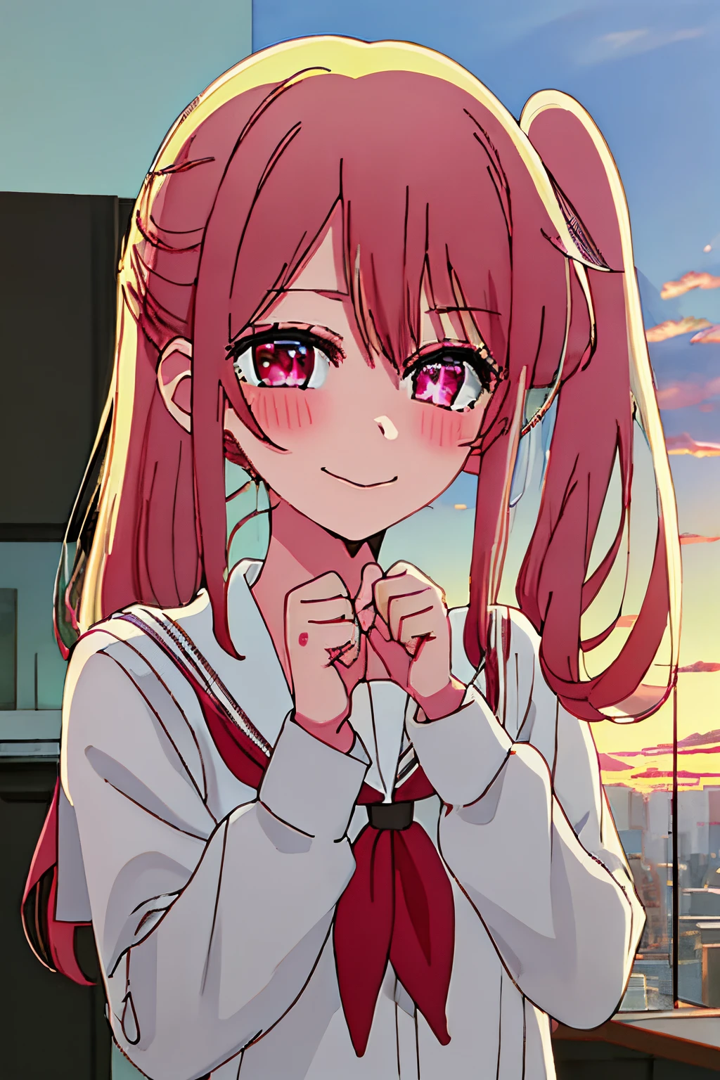 best quality, masterpiece, highres, solo, {ruby_oshinoko:1.15}, hot pink_hair, bangs, long_hair, blush, closed_mouth, smile, closed_eyes, 1girl, looking_at_viewer, school_uniform, serafuku, shirt, side_ponytail, star_\(symbol\), symbol-shaped_pupils, pink_hair, sailor_collar, sunset, cloud, neckerchief, pink_eyes, portrait, sidelocks, symbol_in_eye, upper_body, clenched_hands, parody, star-shaped_pupils