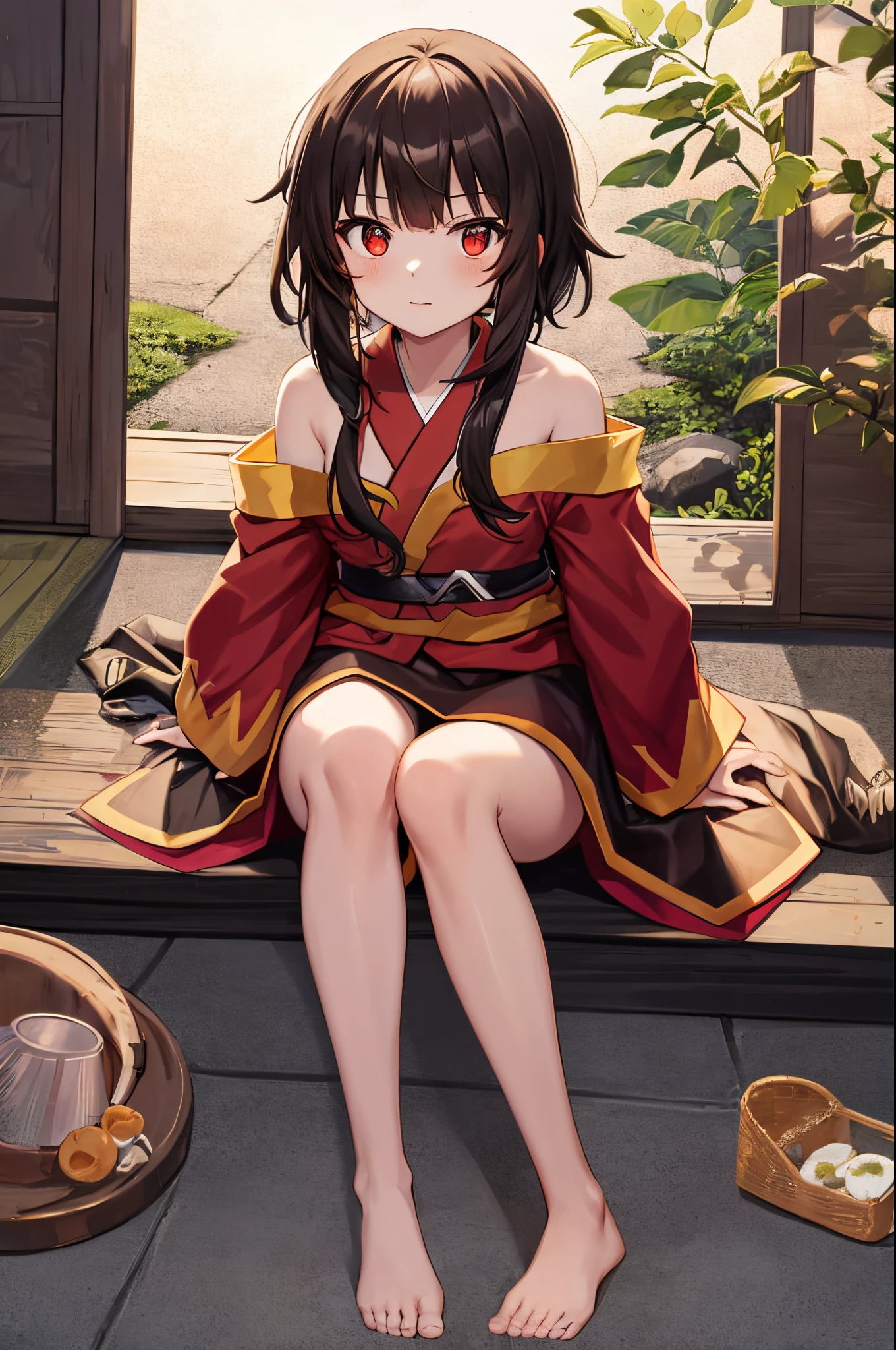 1 Megumin vermelha deitada na banheira em yukata, detalhes do rosto, HUD, charmoso, rosto bonito, red eyes, cabelos curtos, cabelos castanhos, pernas nuas, melhor qualidade, fundo complexo, banheiro, luz solar da janela brilhando no banheiro, sparkling water, reflexo de luz e sombra, noite