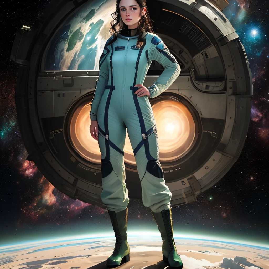 Full length portrait of a woman, stands, young beautiful woman with blue eyes and medium length dark hair, hairstyle with a hairpin, freckles, in a loose green jumpsuit, in lace-up boots, space theme, a space ship, Art Realism, higly detailed, natural face