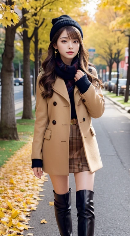 (Photorealistic), (ultra high realistic), (Ultra high definition), (ultra high detailed), (Increase contrast), (Increase saturation), (15yo girl), (light skinned)A pretty woman with perfect figure, Cute face, beautiful expression, (Lifelike face), Beautiful hairstyle, Realistic eyes, beautiful detail, (real looking skin), Beautiful skins, enticing, The ultra -The high-definition, A hyper-realistic, Realistic, Very detailed, Japanese, Semi-long curly hair, Bangs, (Brown hair), (slim figure), (Cute idol of Japan walking in light brown wool coat and knee-high boots, Tartan check)((a miniskirt:1.2,)) Burberry, Burberry Check Scarf:1.3, knit hat, Fall Winter 2023-2024), (), Gentle smile, Brown hair, ( earrings ), (Supermodel Figures), From below:1.3, In a row of ginkgo trees, Long, Magnificent ginkgo trees lined with autumn leaves on both sides of the road, Autumn, golden leaves, A road with many fallen leaves that look golden:1.3, Filled with fallen leaves:1.3
