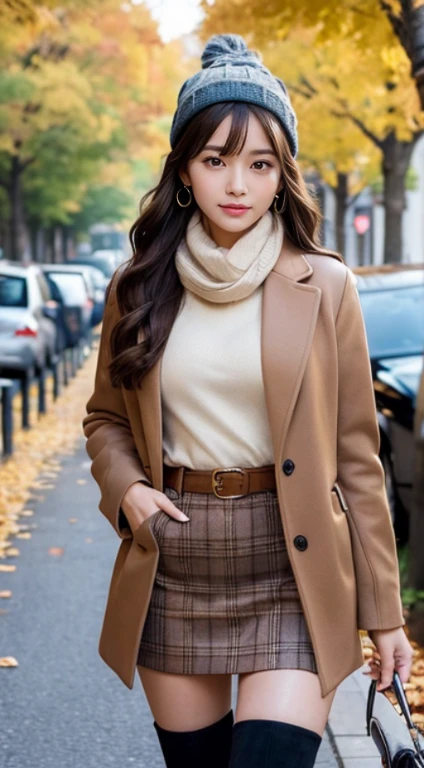 (Photorealistic), (ultra high realistic), (Ultra high definition), (ultra high detailed), (Increase contrast), (Increase saturation), (15yo girl), (light skinned)A pretty woman with perfect figure, Cute face, beautiful expression, (Lifelike face), Beautiful hairstyle, Realistic eyes, beautiful detail, (real looking skin), Beautiful skins, enticing, The ultra -The high-definition, A hyper-realistic, Realistic, Very detailed, Japanese, Semi-long curly hair, Bangs, (Brown hair), (slim figure), (Cute idol of Japan walking in light brown wool coat and knee-high boots, Tartan check)((a miniskirt:1.2,)) Burberry, Burberry Check Scarf:1.3, knit hat, Fall Winter 2023-2024), (), Gentle smile, Brown hair, ( earrings ), (Supermodel Figures), From below:1.3, In a row of ginkgo trees, Long, Magnificent ginkgo trees lined with autumn leaves on both sides of the road, Autumn, golden leaves, A road with many fallen leaves that look golden:1.3, Filled with fallen leaves:1.3