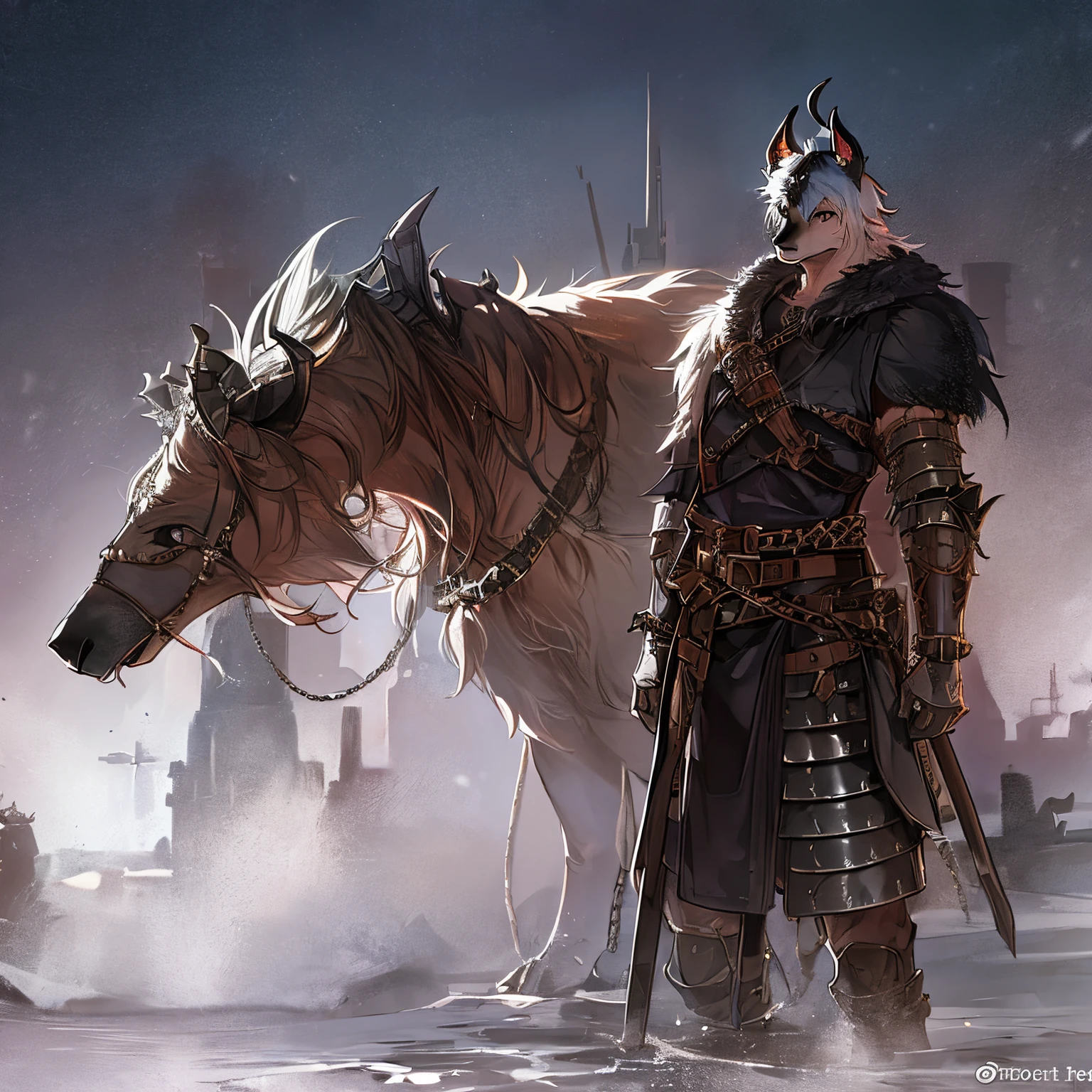 Hyena fursona, Horns on head, wearing leather armor with iron plates and chainmail, dark auburn fur