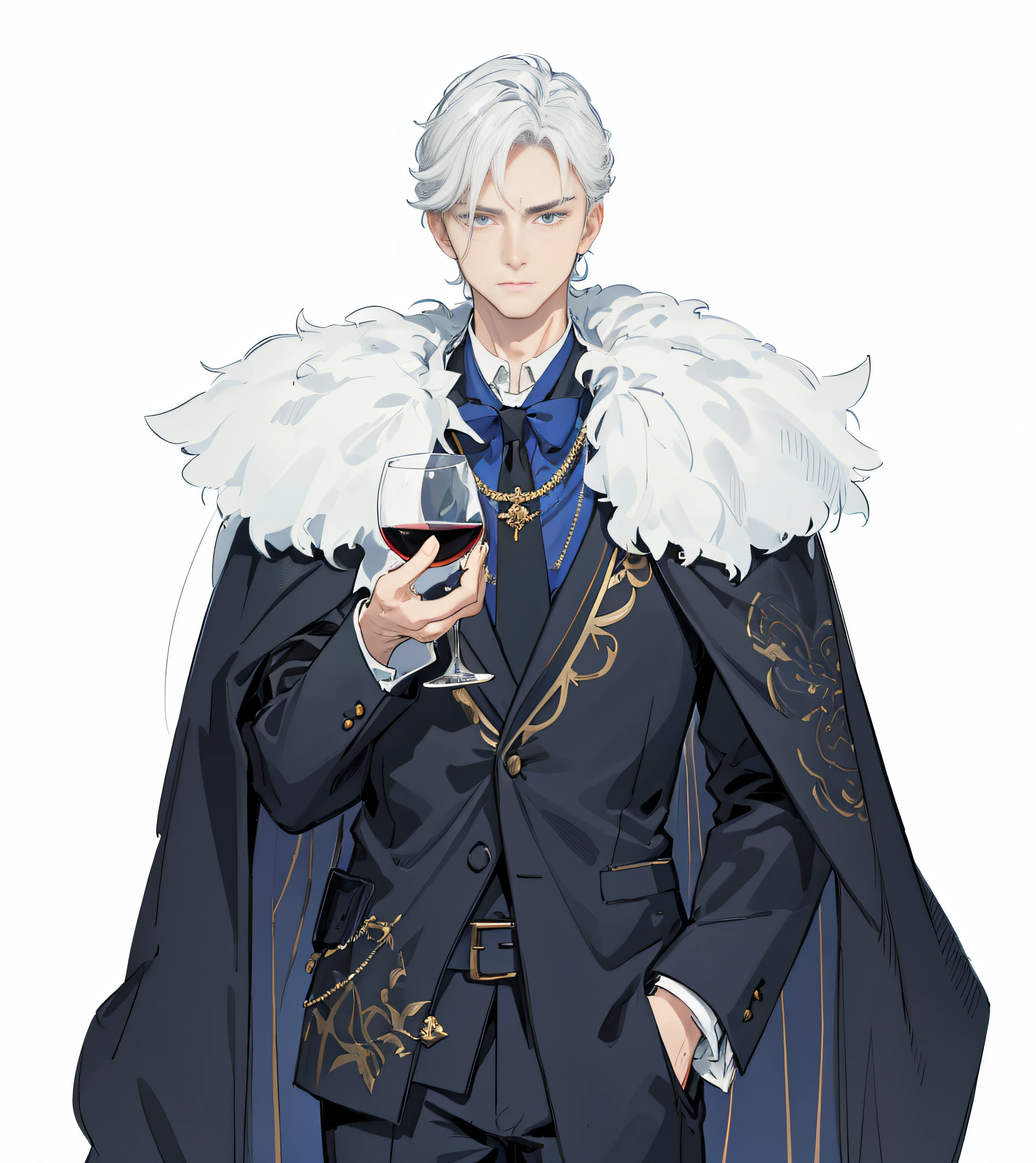 detail-rich，masterpiece of a master，exquisite facial features，Man dressed as CEO，dress nicely，big back，Man with wine glass，serious expressions，Cloak，Flirting expressions，Frivolous person