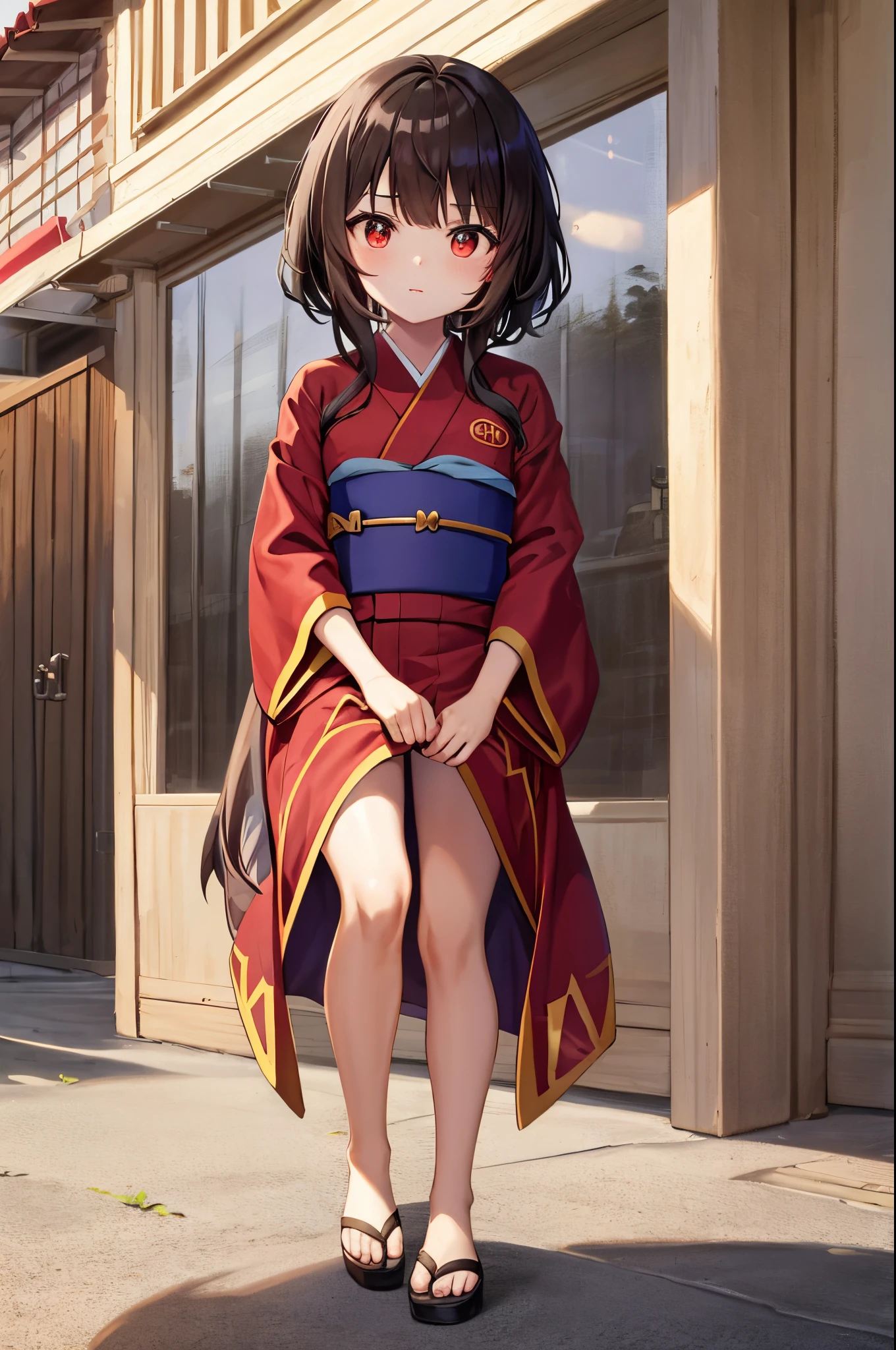 1 menina Megumin vermelha deitada na banheira em yukata, detalhes do rosto, HUD, charmoso, rosto bonito, red eyes, cabelos curtos, cabelos castanhos, pernas nuas, melhor qualidade, fundo complexo, banheiro, luz solar da janela brilhando no banheiro, sparkling water, reflexo de luz e sombra, noite