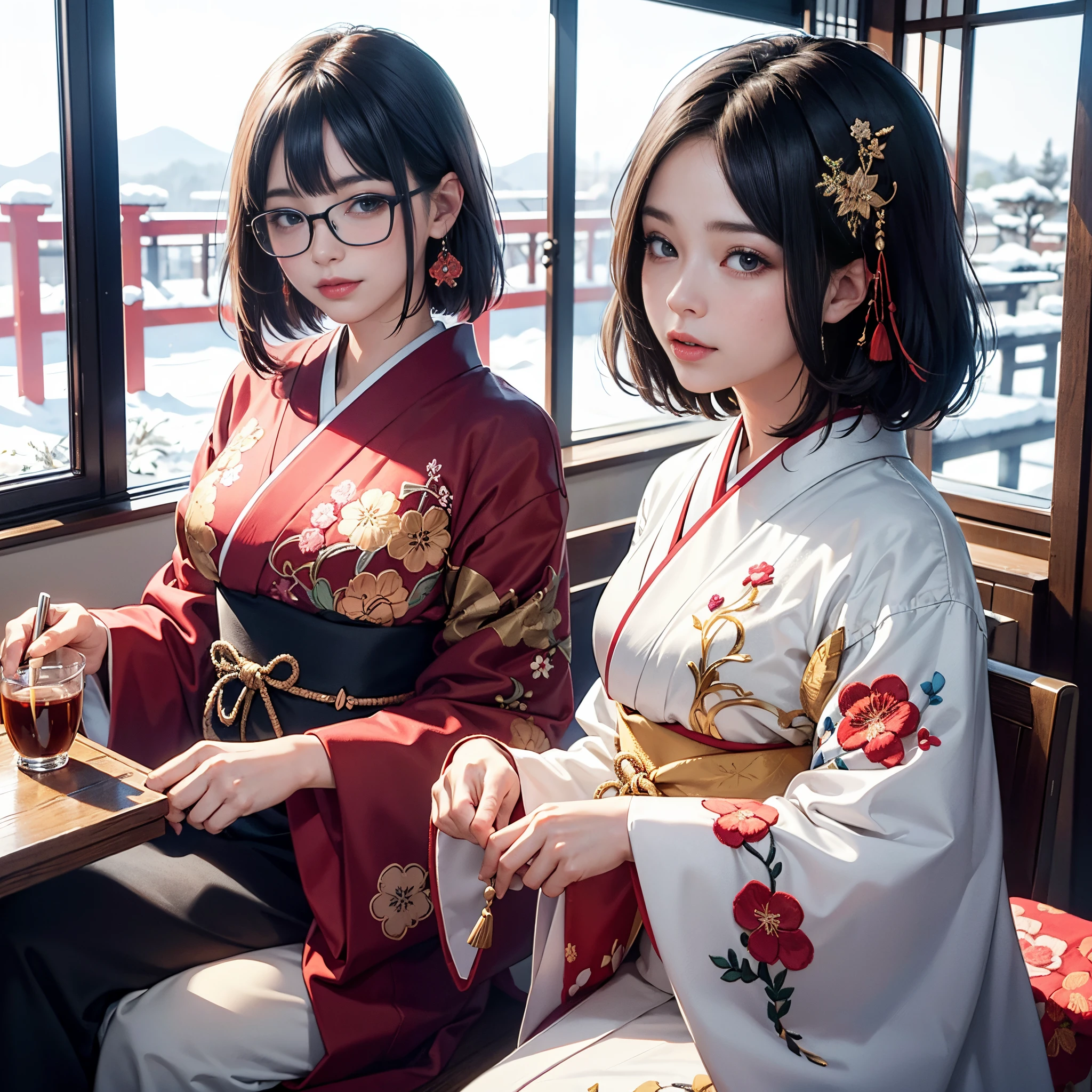 Background of details(Outside the window is the snowy city of Kyoto),BREAK ,elaborate costume(Luxurious Japan kimono(Colorful kimono(detailed embroidery))),BREAK,(1 Beautiful and classy adult woman(huge smile:1.2)(Japanese actressl:1.2)(A dark-haired:1.2(short-hair:1.2)(inner colored(reddish)))),(eye glass:1.2),(Talking happily),BREAK,Wallpapers 16K,Blur the background,)(masutepiece,Best Quality,Portrait photos):1.5),full body Esbian