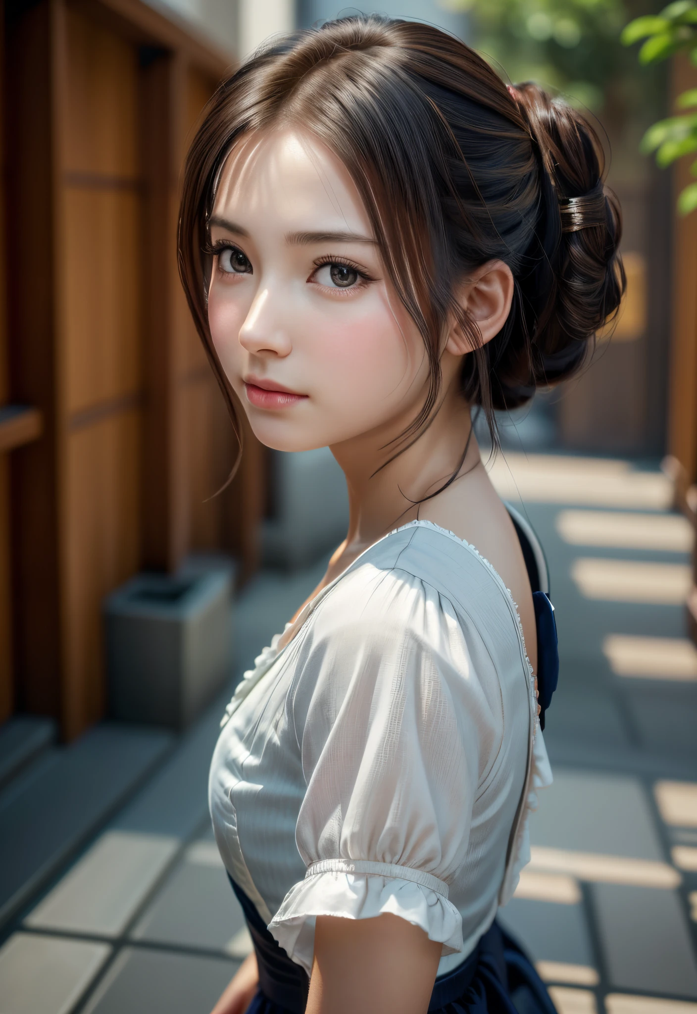 8K, of the highest quality, masutepiece:1.2), (Realistic, Photorealsitic:1.37), of the highest quality, masutepiece, Beautiful young woman, Pensive expression,、A charming、and an inviting look, Cute Maid Clothes, Hair tied back, Cinematic background, Light skin tone